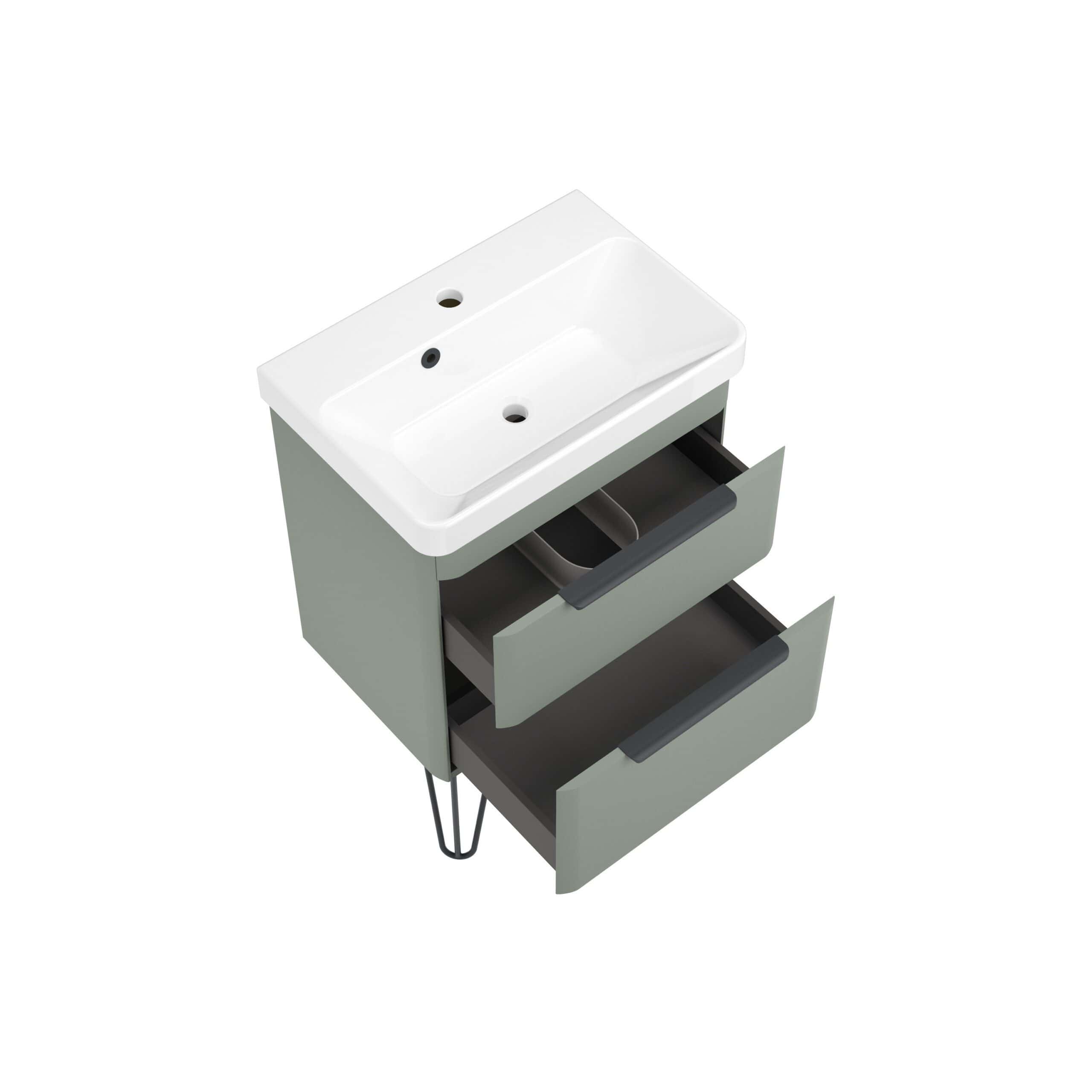 Modern grey bathroom vanity unit with ceramic sink and open storage drawers, ideal for contemporary home bathroom decor. Perfect for organising toiletries and creating a sleek look.
