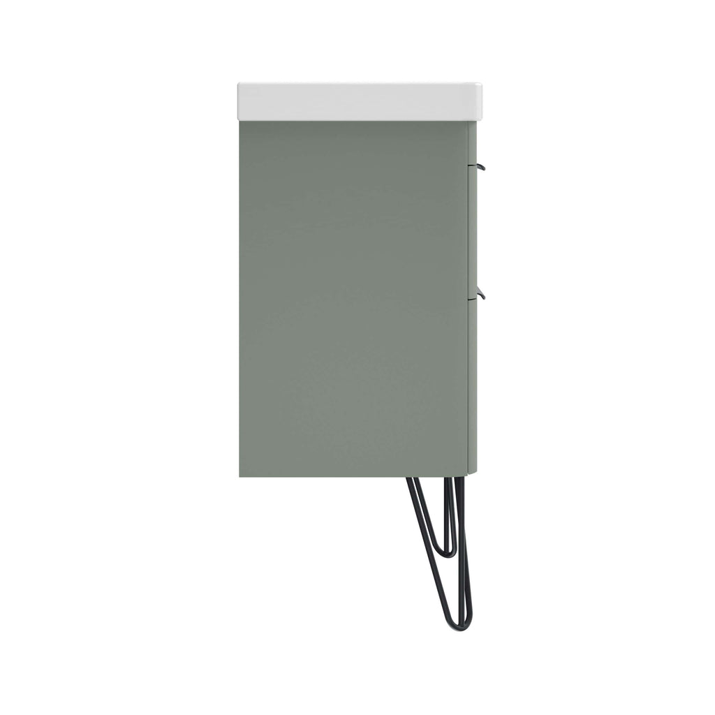 Compact grey bathroom cabinet with white top and black hairpin legs, modern storage solution for bathrooms, designed by Bubly Bathrooms. Perfect for organising toiletries and essentials.