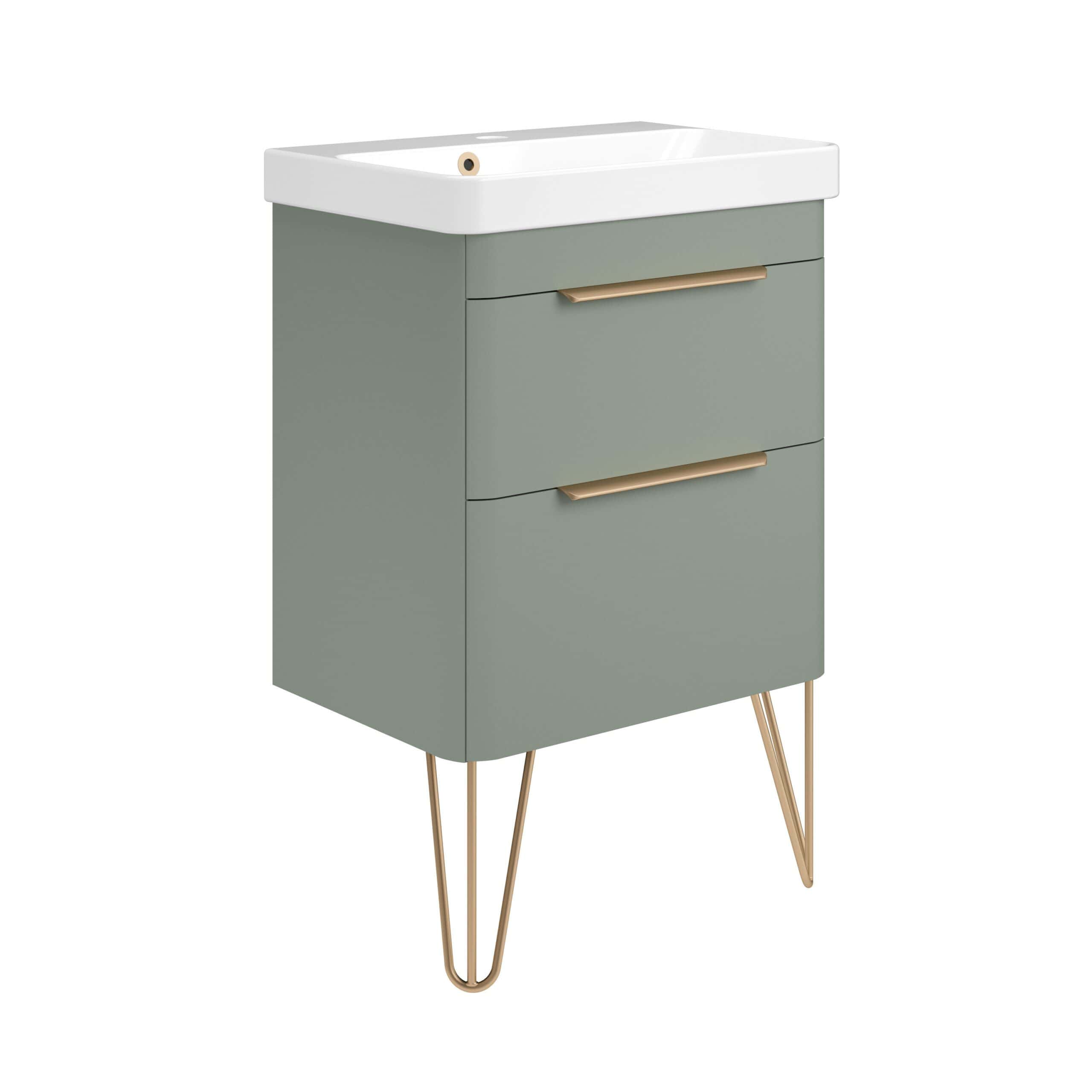 Sleek green bathroom vanity cabinet with gold handles and hairpin legs, designed for modern bathrooms. Includes an integrated white ceramic sink for a stylish and functional addition.