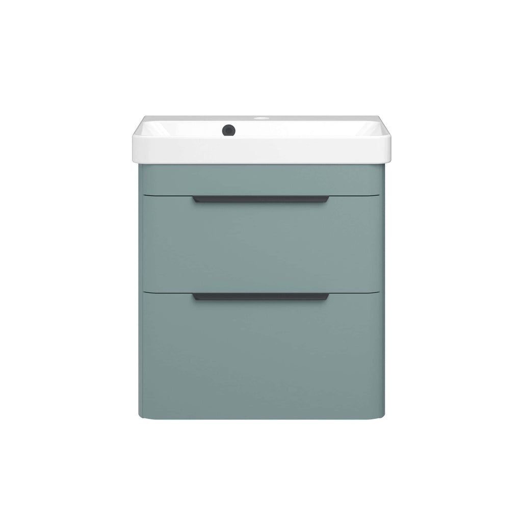 Compact bathroom vanity with integrated sink and storage drawers in muted teal colour, modern design ideal for contemporary bathroom spaces.