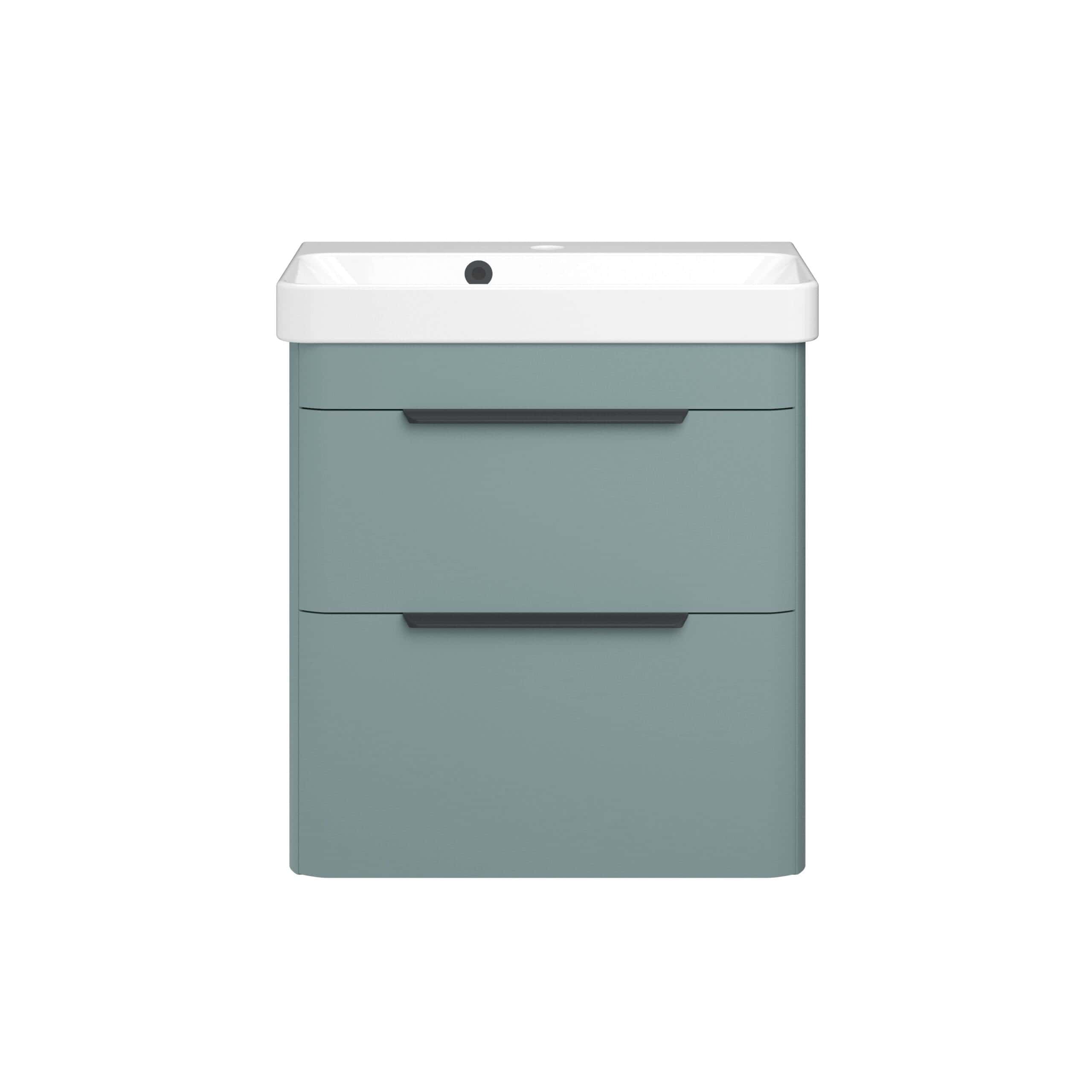 Compact bathroom vanity with integrated sink and storage drawers in muted teal colour, modern design ideal for contemporary bathroom spaces.