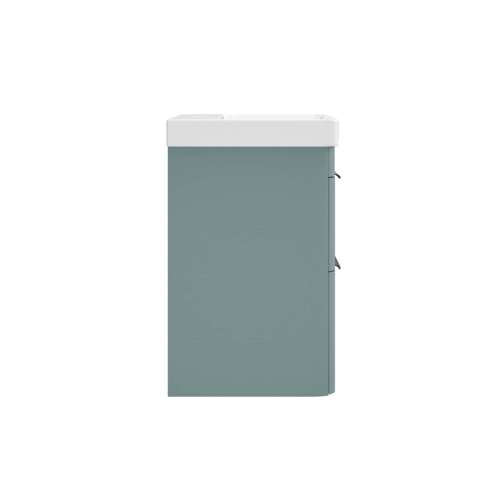 Modern grey bathroom vanity with integrated sink, stylish and space-saving design, perfect for contemporary bathrooms, durable materials, and easy to maintain.