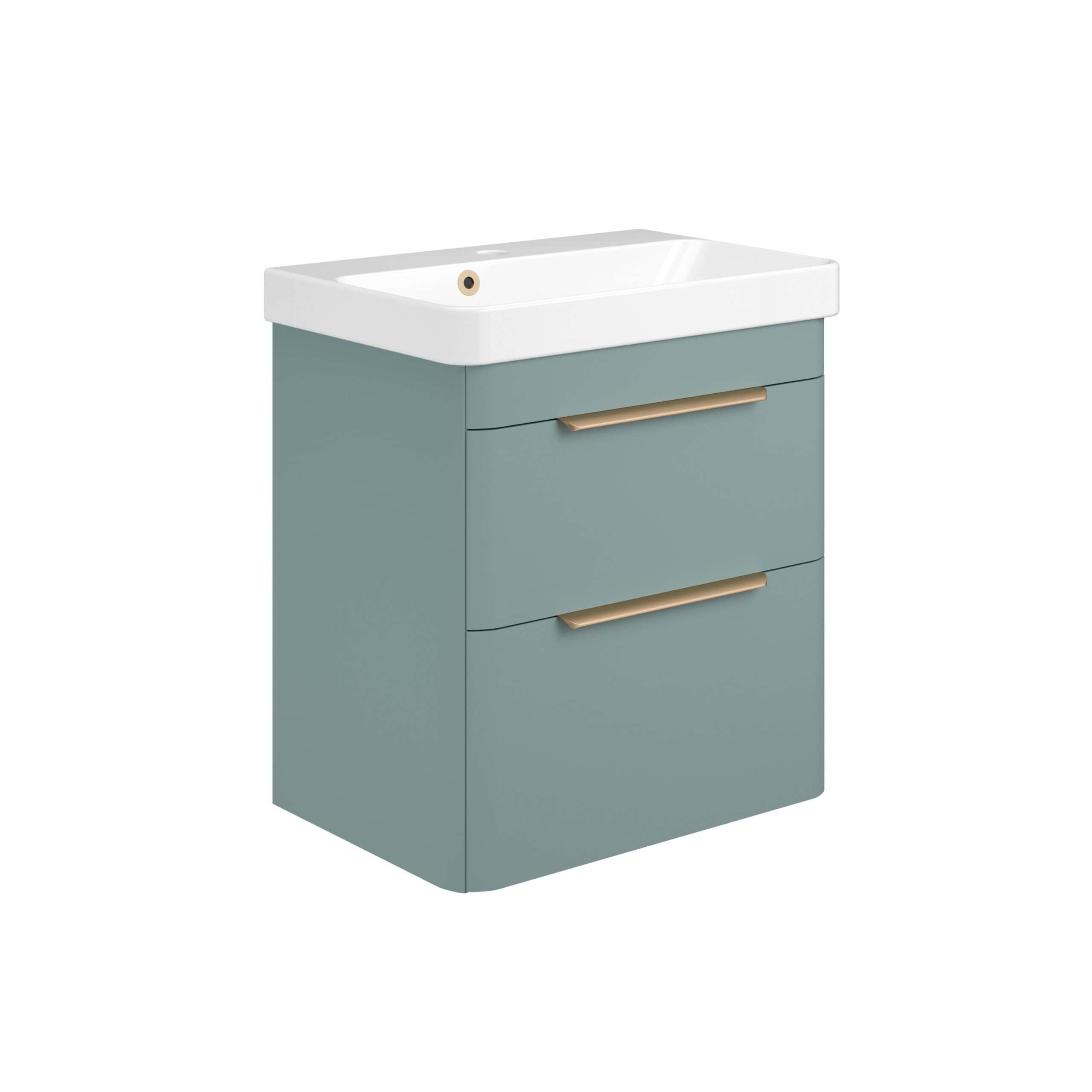 Sleek blue bathroom vanity with integrated sink and elegant gold handles, ideal for modern bathroom designs and space-saving storage solutions. Perfect for contemporary bathroom upgrades.