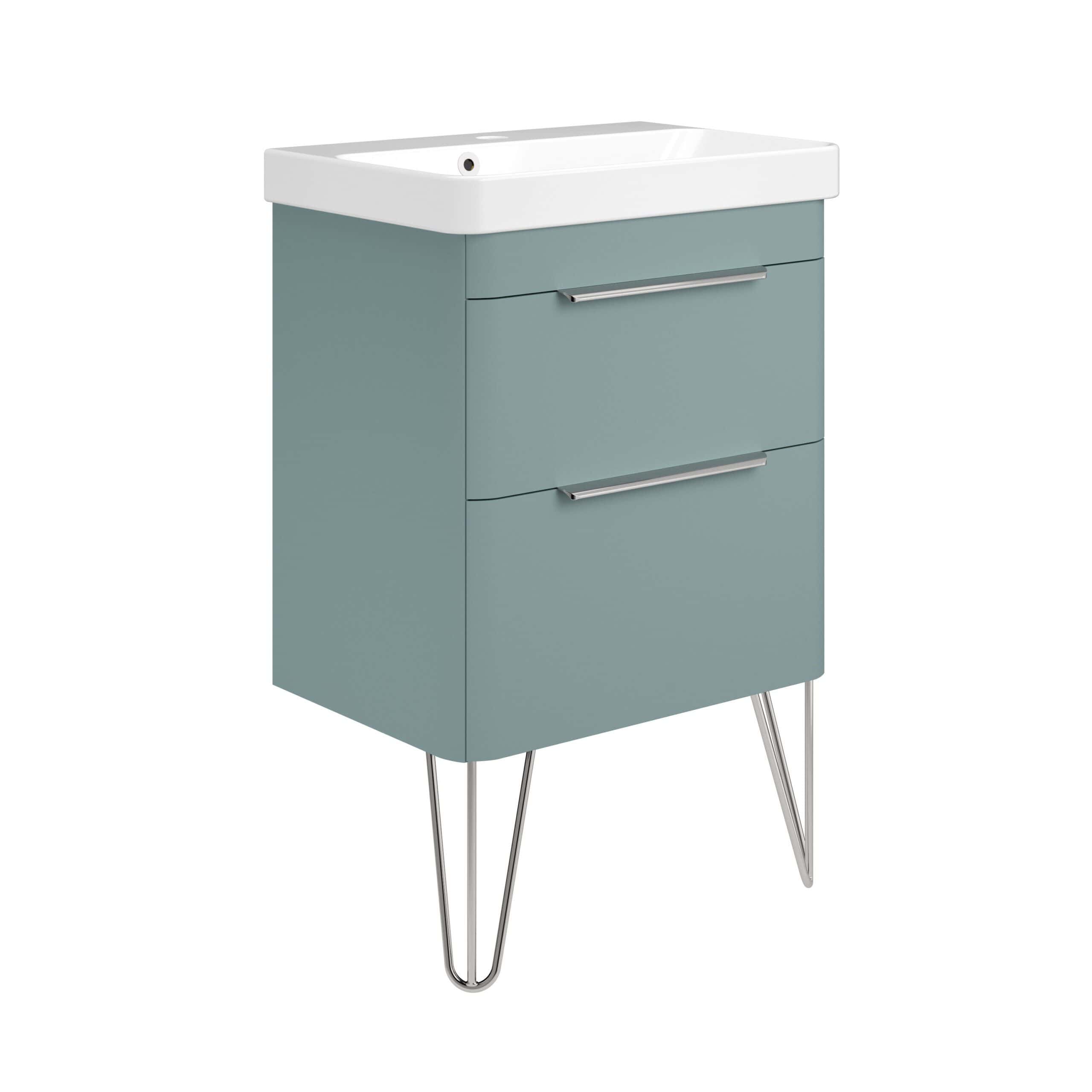 Sleek modern bathroom vanity with a built-in sink, two drawers, and stylish chrome handles, perfect for contemporary bathroom decor and storage.