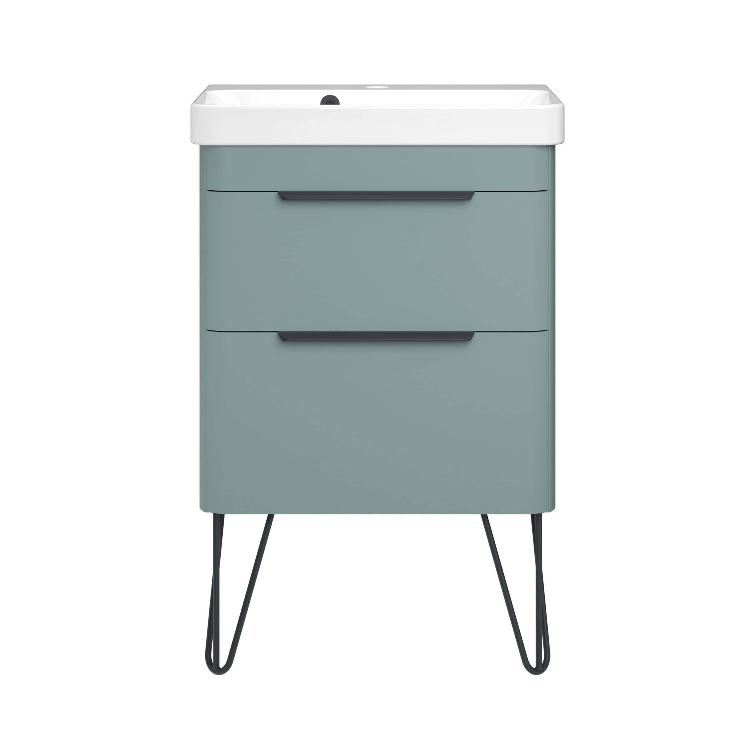 Stylish modern bathroom vanity unit with integrated sink, light blue finish, black handles, and splayed metal legs, perfect for contemporary bathroom designs.