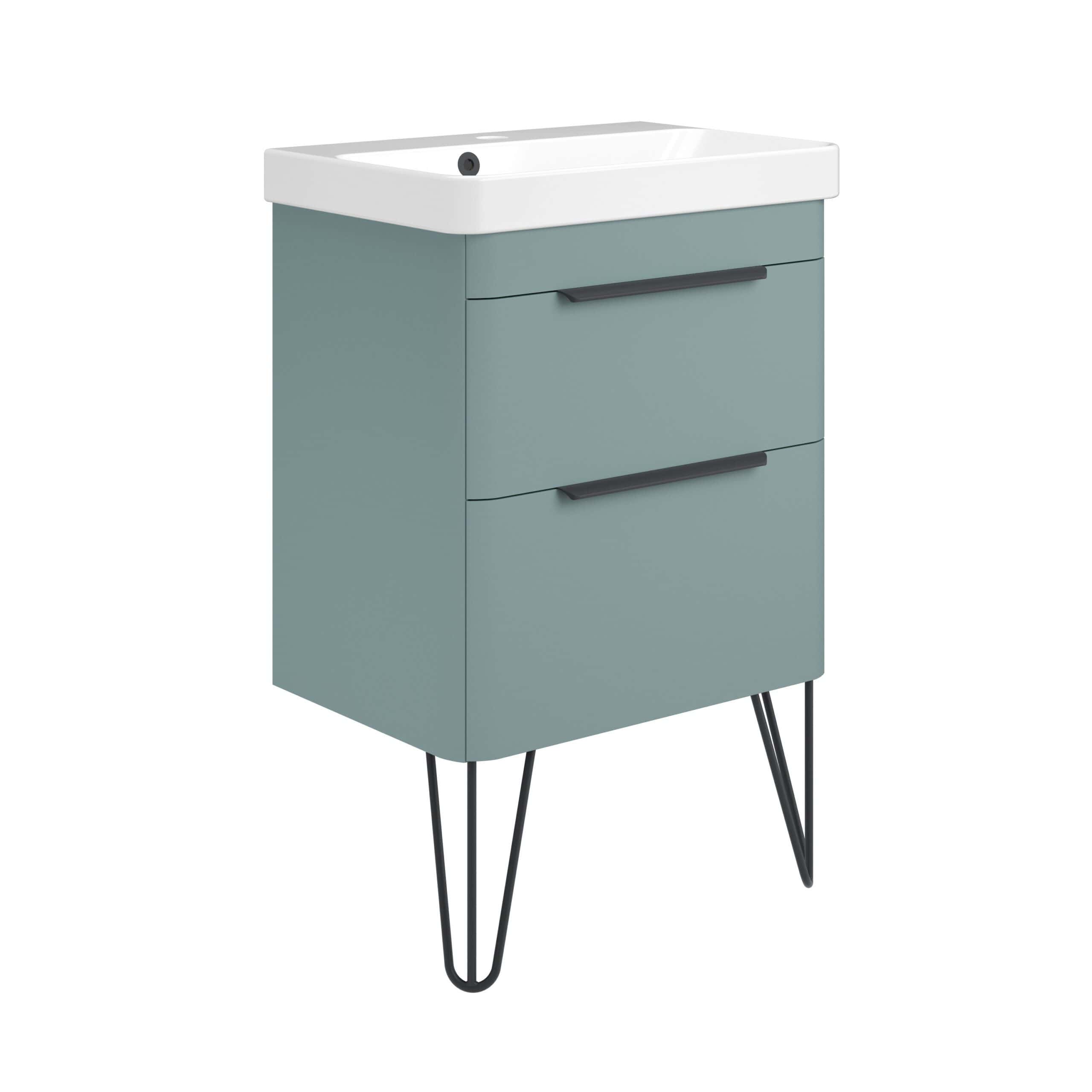 Vintage-style bathroom vanity with storage drawers and mid-century hairpin legs. Perfect for modern or retro bathroom decor, combining functionality with stylish design.