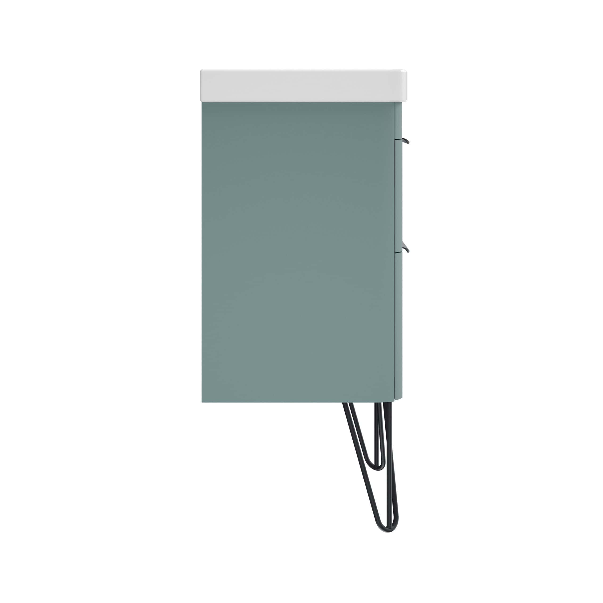 Modern grey slimline bathroom cabinet with white top and black metal hairpin legs, ideal for contemporary bathroom storage solutions, featuring clean lines and minimalistic design.