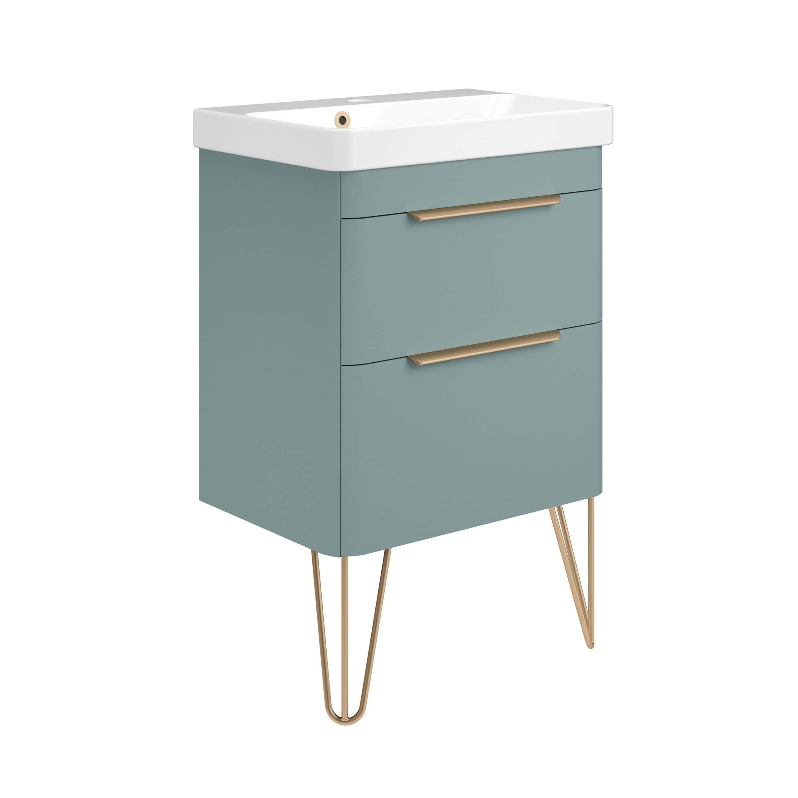 Sleek modern bathroom vanity with storage drawers in muted teal, featuring gold handles and hairpin legs, perfect for contemporary bathroom decor and space-saving solutions.