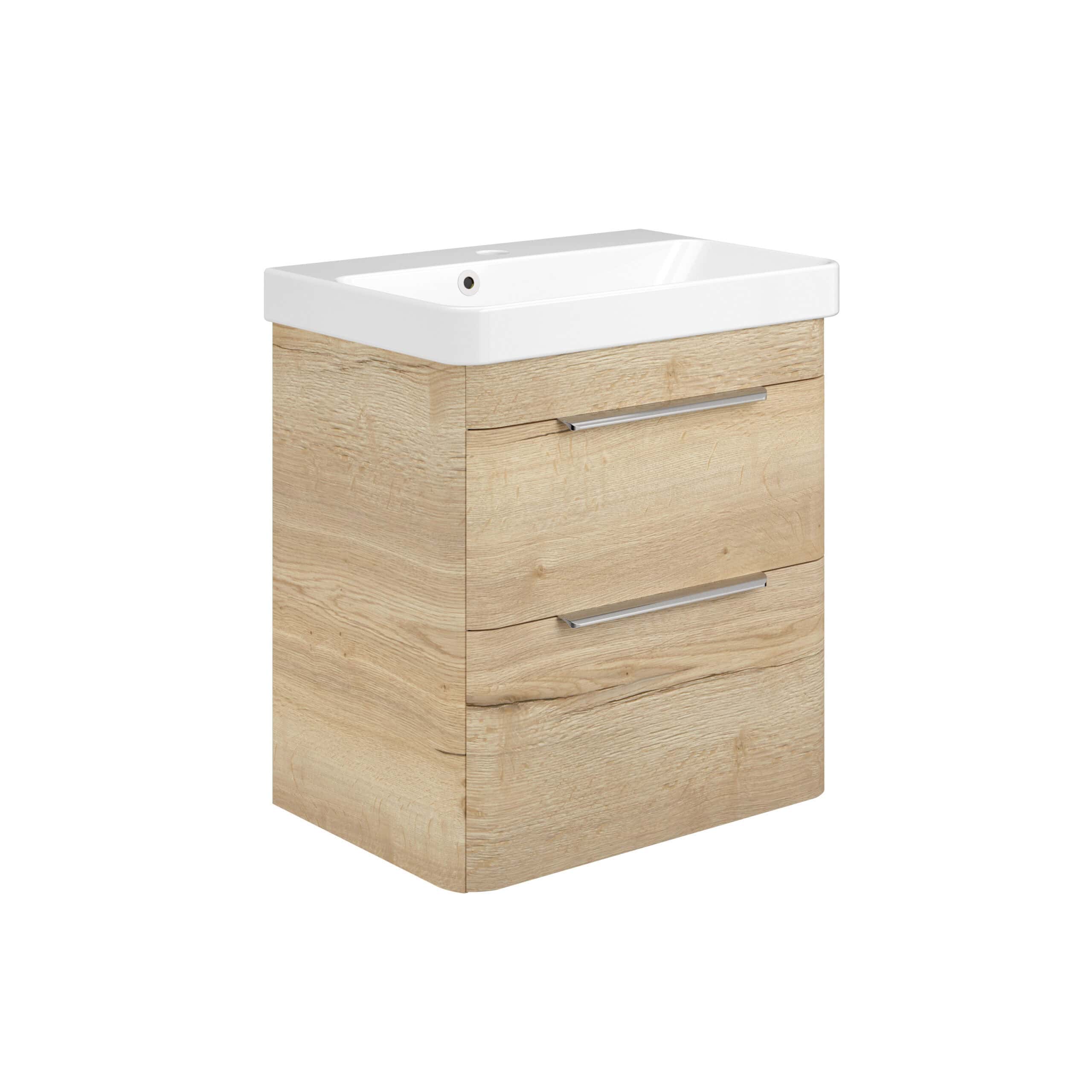 Modern wooden bathroom vanity with a white ceramic sink, featuring sleek metal handles and two spacious drawers, perfect for contemporary bathroom storage and style.