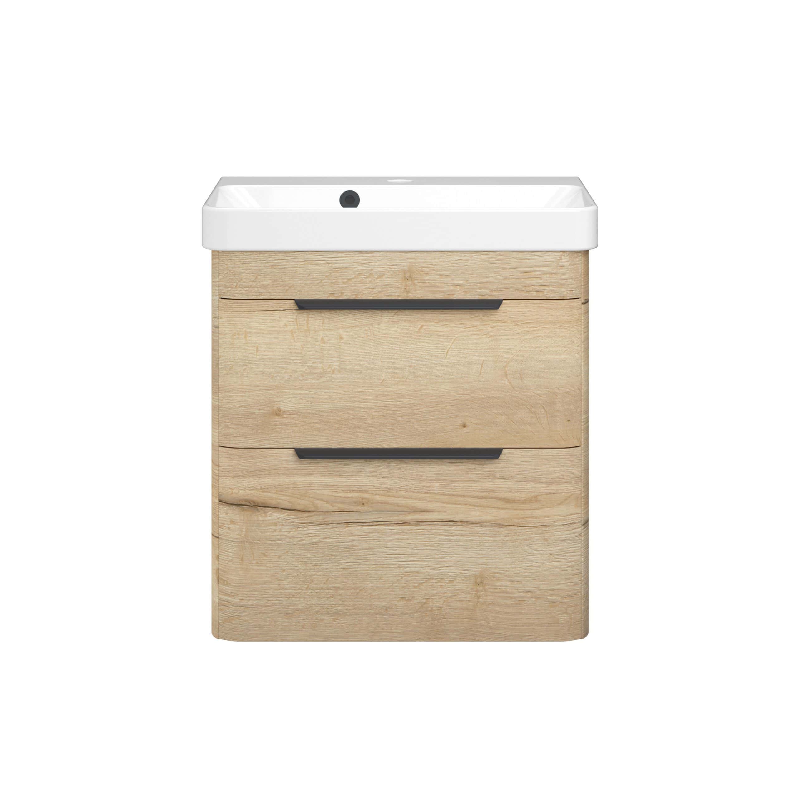 Natural wood bathroom vanity unit with integrated ceramic sink and modern black handles, ideal for contemporary bathroom bathroom design.