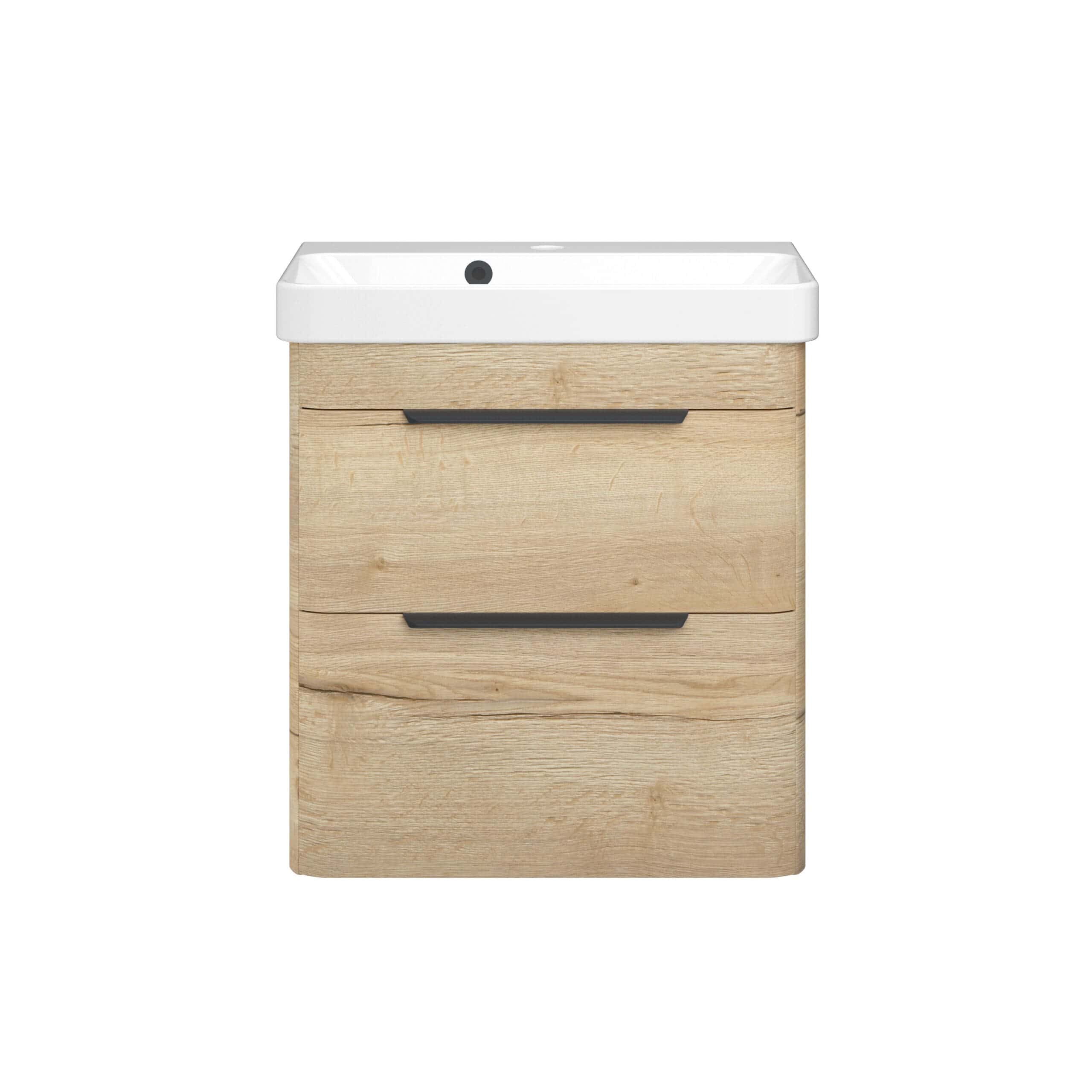 Modern wooden bathroom vanity with integrated sink and black handles, ideal for contemporary bathroom decor and storage solutions.