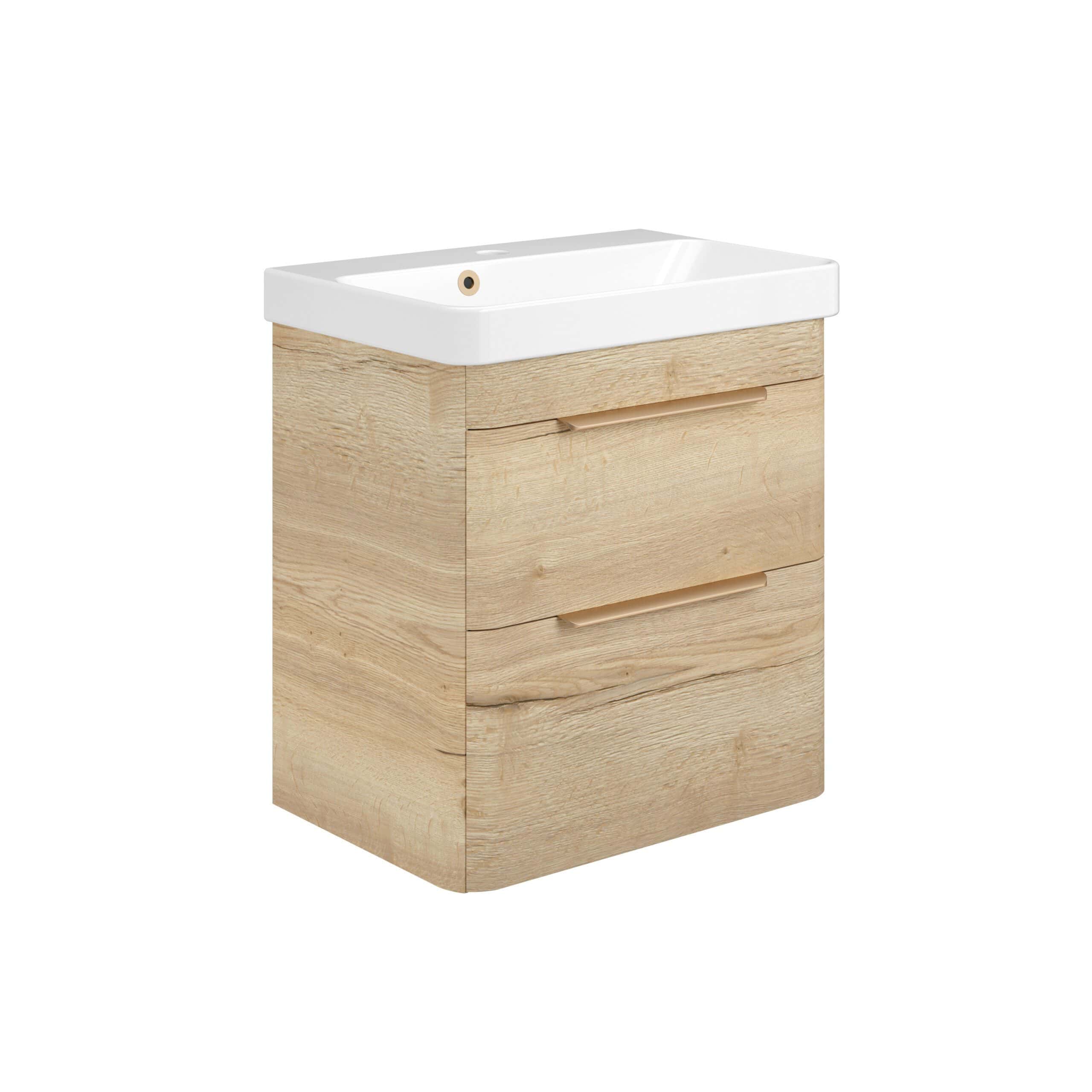 Modern bathroom vanity unit with integrated sink, natural wood finish, and spacious storage drawers for stylish and functional bathroom organisation.