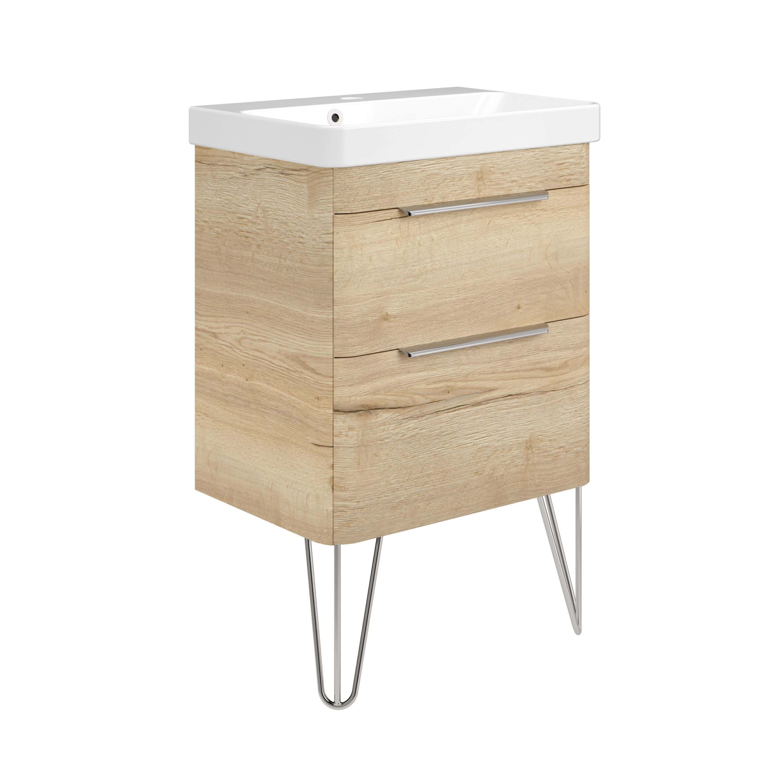 Contemporary wooden bathroom vanity with integrated sink, modern sleek handles, and hairpin metal legs, perfect for stylish bathroom storage and design.