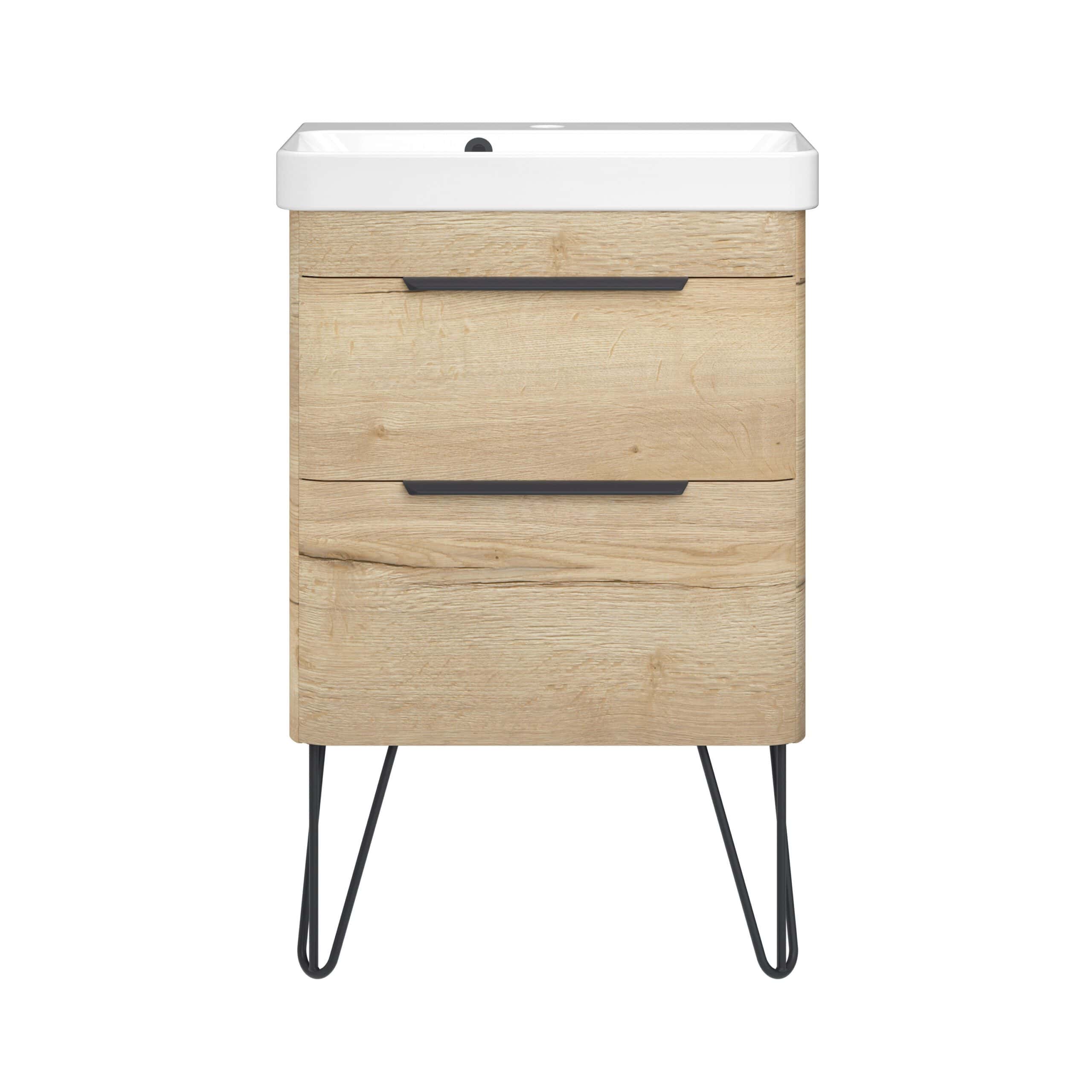 Sleek wooden bathroom vanity with integrated sink and modern black handles, ideal for stylish and functional bathroom storage solutions. Perfect for contemporary bathroom design.