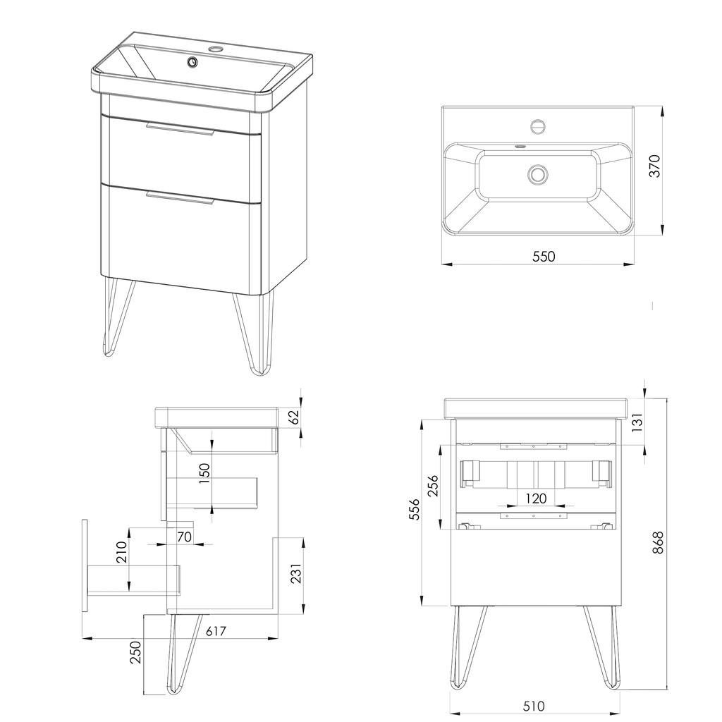 Sleek modern bathroom vanity unit with integrated sink, stylish design, and ample storage, perfect for contemporary bathroom interiors. Dimensions: 550mm x 370mm x 868mm.