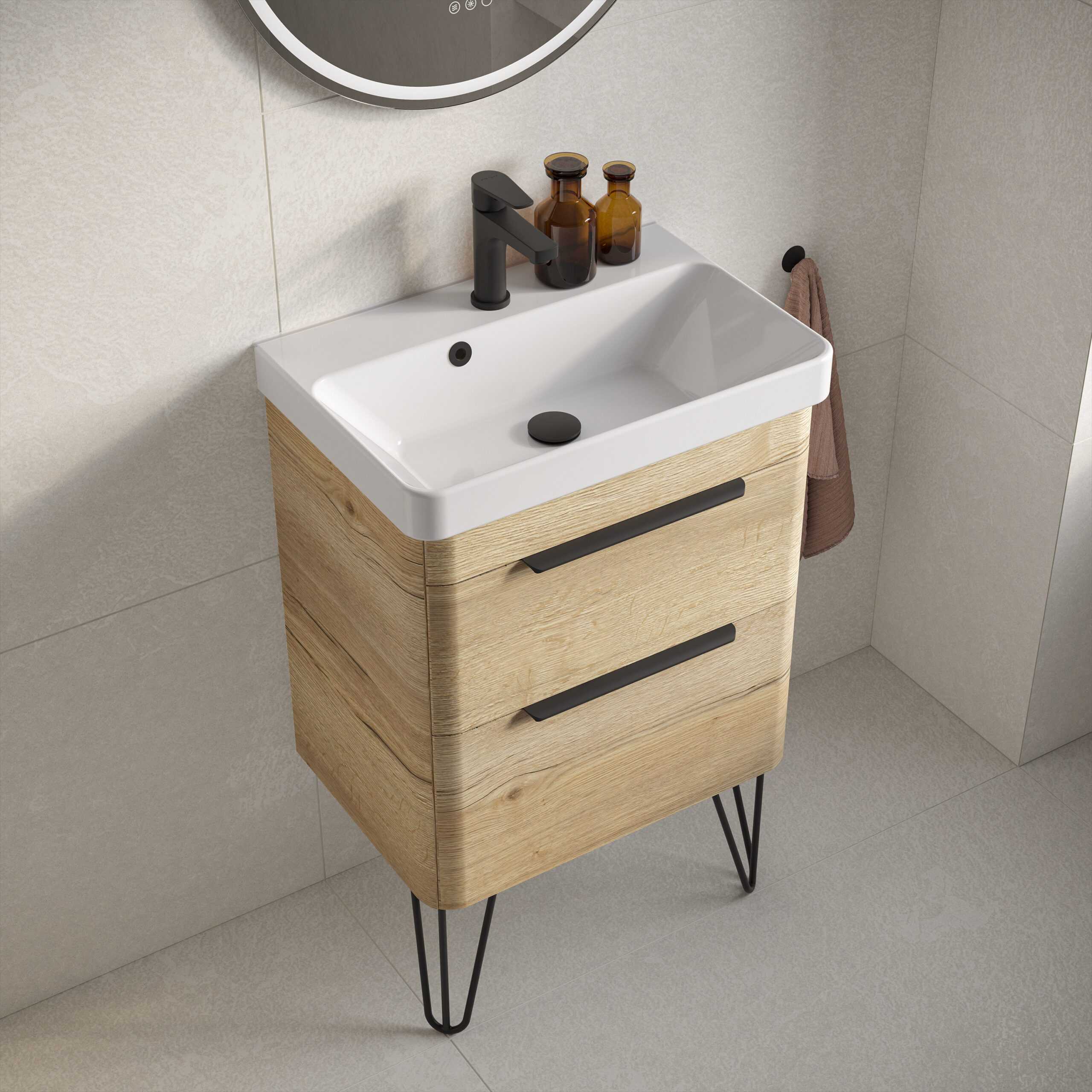 Contemporary bathroom vanity with white ceramic sink, black tap and wooden cabinet, ideal for modern bathroom interiors with sleek design and functional storage.