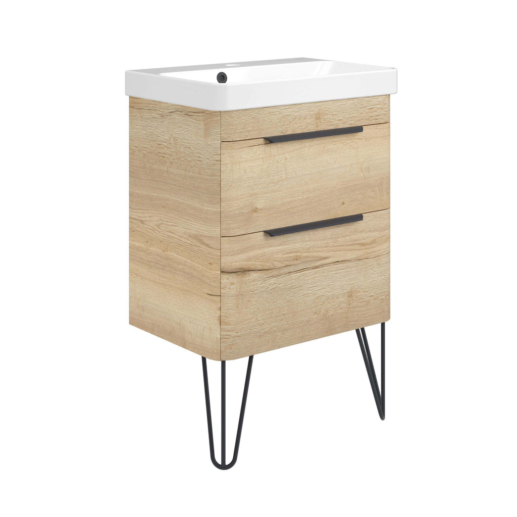 Modern wooden bathroom cabinet with sink, black handles, and metal hairpin legs by Bubly Bathrooms. Perfect for contemporary bathroom storage and style.