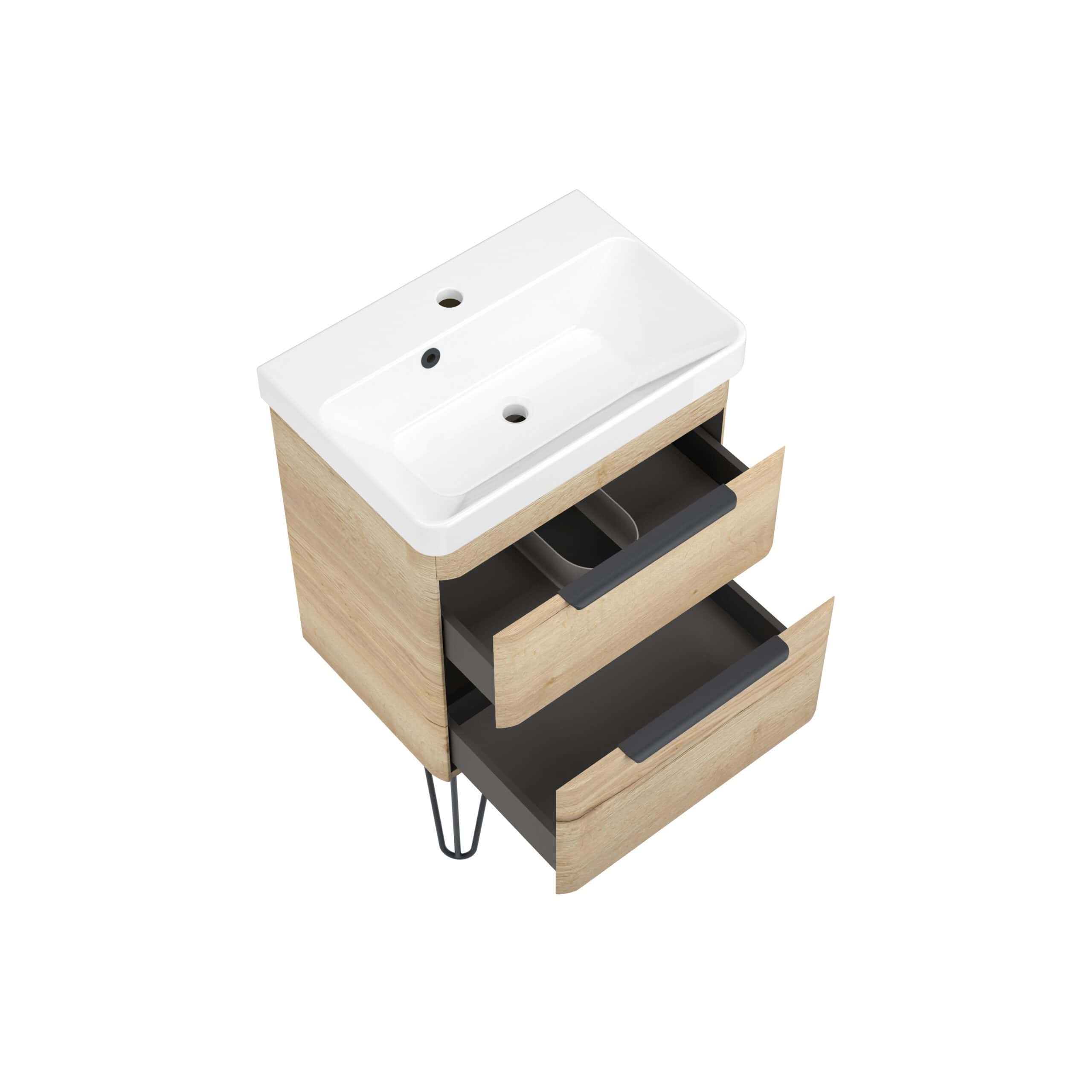 Bright wooden bathroom vanity with integrated ceramic sink, two open drawers with sleek black handles, modern design, ideal for contemporary bathrooms, spacious storage solution, Bubly Bathrooms collection.