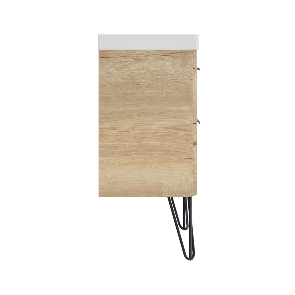 Contemporary wooden bathroom cabinet with minimalist design and black metal hairpin legs, ideal for modern bathroom storage solutions. Perfect blend of functionality and style for stylish bathrooms.