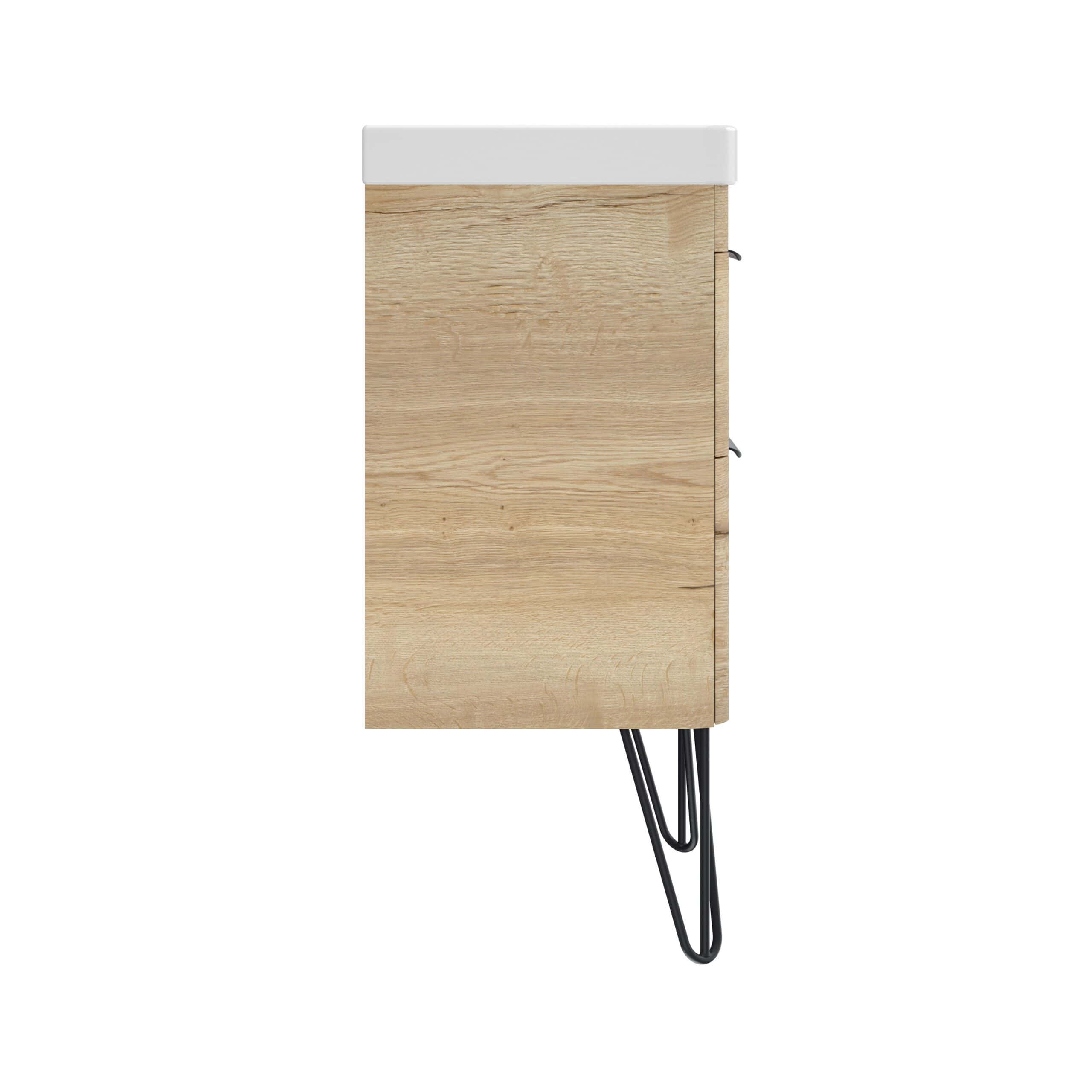Contemporary wooden bathroom cabinet with minimalist design and black metal hairpin legs, ideal for modern bathroom storage solutions. Perfect blend of functionality and style for stylish bathrooms.