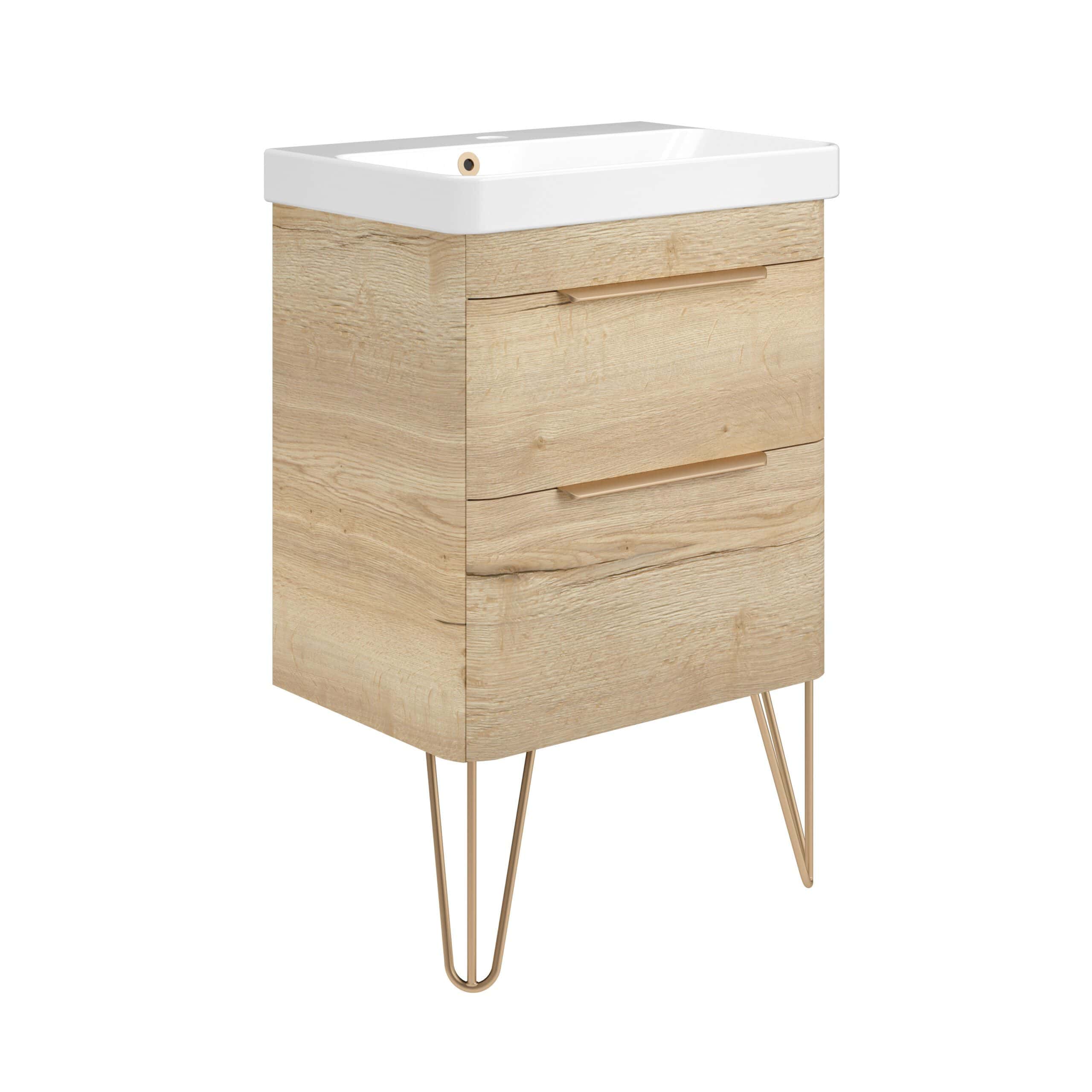 Natural wood bathroom vanity with integrated ceramic sink and modern hairpin legs, ideal for contemporary bathroom design and storage.