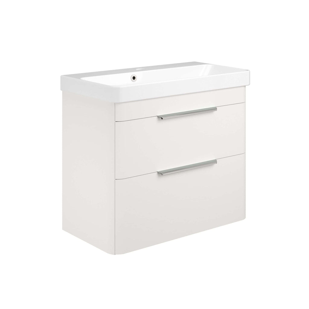 Sleek white bathroom vanity unit with integrated basin, modern handle design, perfect for contemporary bathroom decor. Ample storage space with two drawers for essential bathroom items.