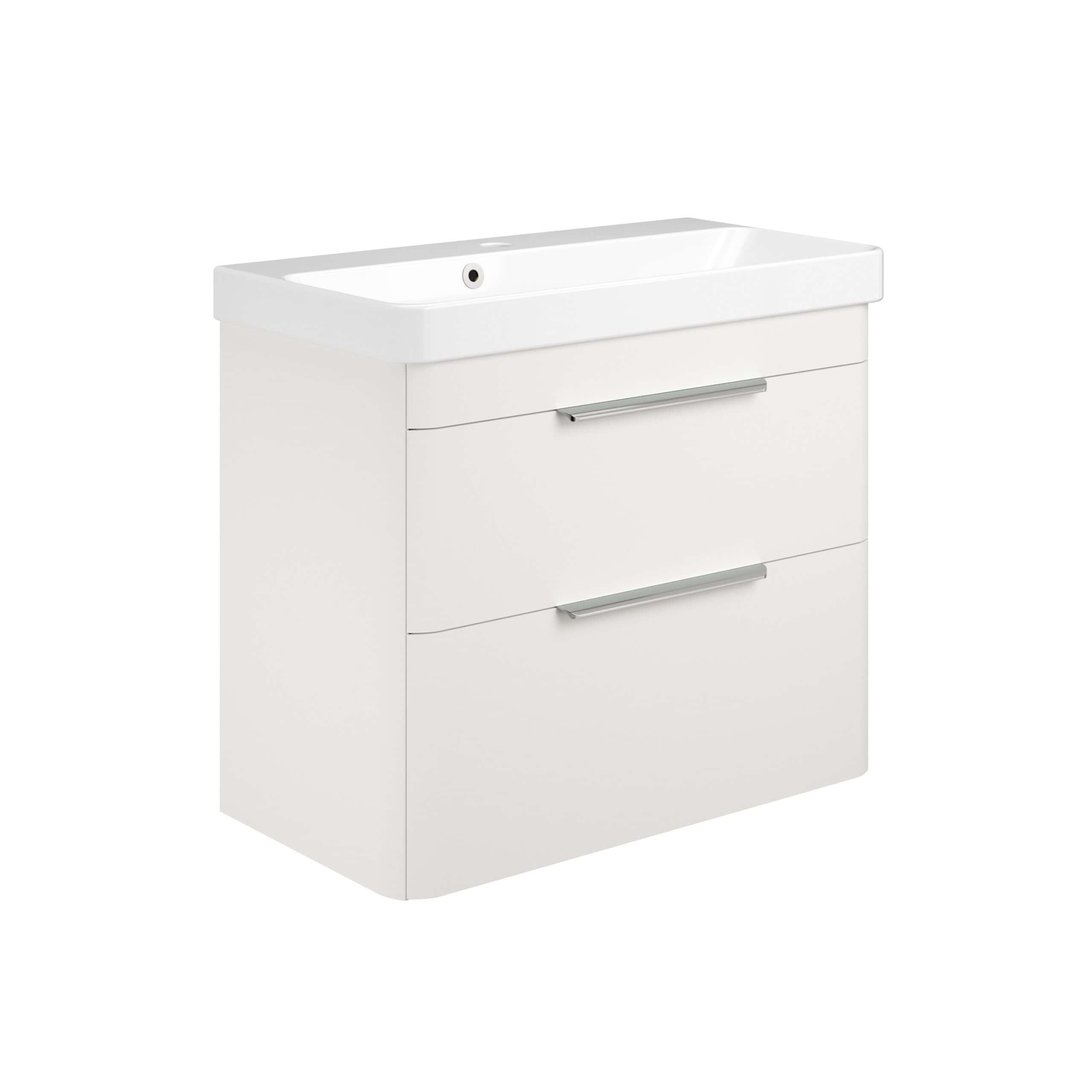 Sleek white bathroom vanity unit with integrated basin, modern handle design, perfect for contemporary bathroom decor. Ample storage space with two drawers for essential bathroom items.