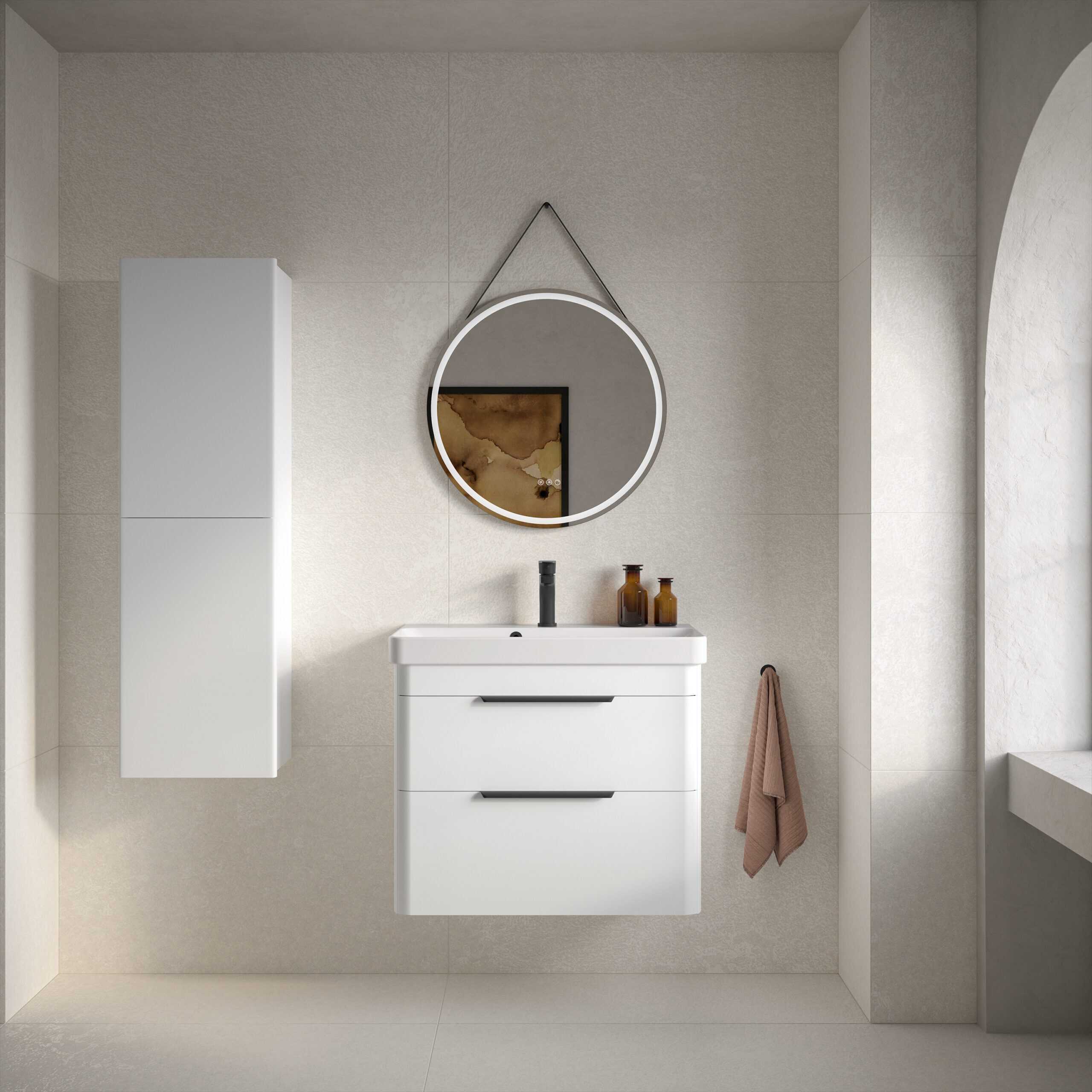 Sleek modern bathroom vanity with a round mirror, minimalist design, neutral tones, and contemporary fixtures, perfect for stylish bathroom interiors.