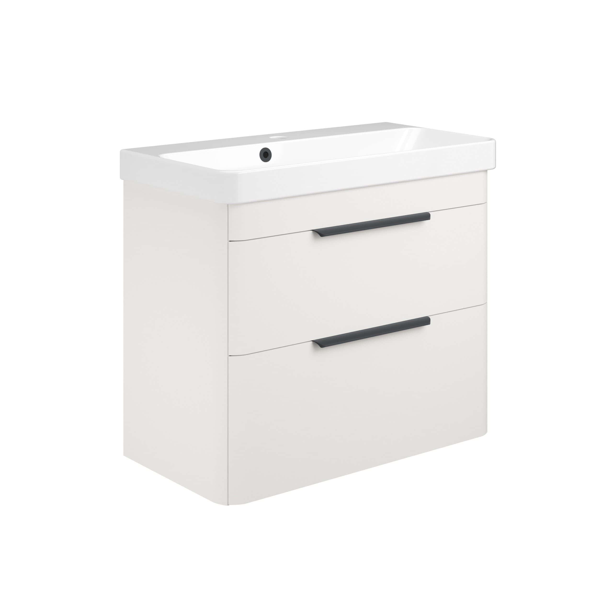 Modern white bathroom vanity with integrated sink, minimalistic black handles, and two spacious drawers for bathroom storage and organisation. Perfect for contemporary bathroom designs.