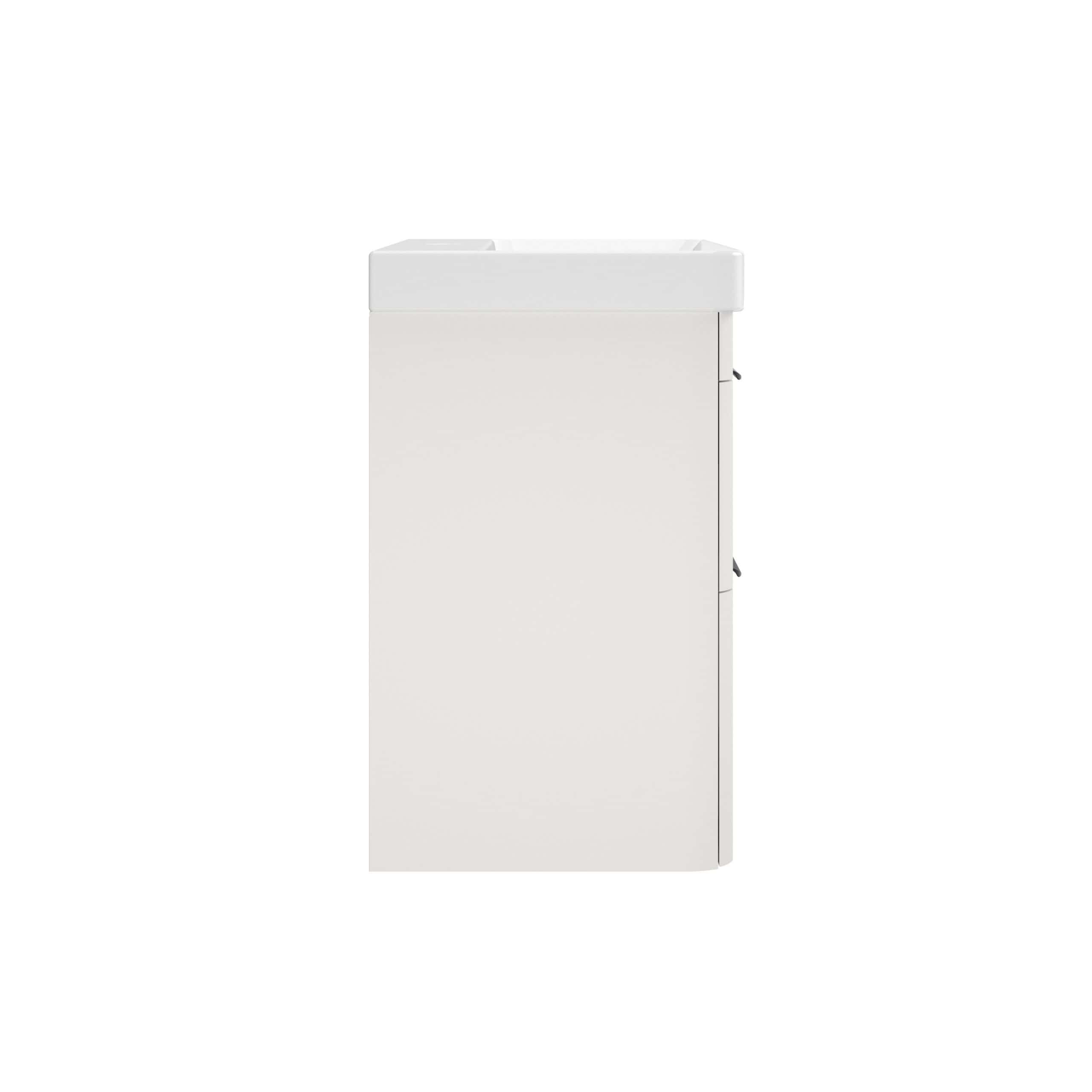 Compact bathroom vanity with integrated sink, ideal for small spaces and modern bathroom designs. Featuring clean lines and durable materials for stress-free cleaning and long-lasting use.