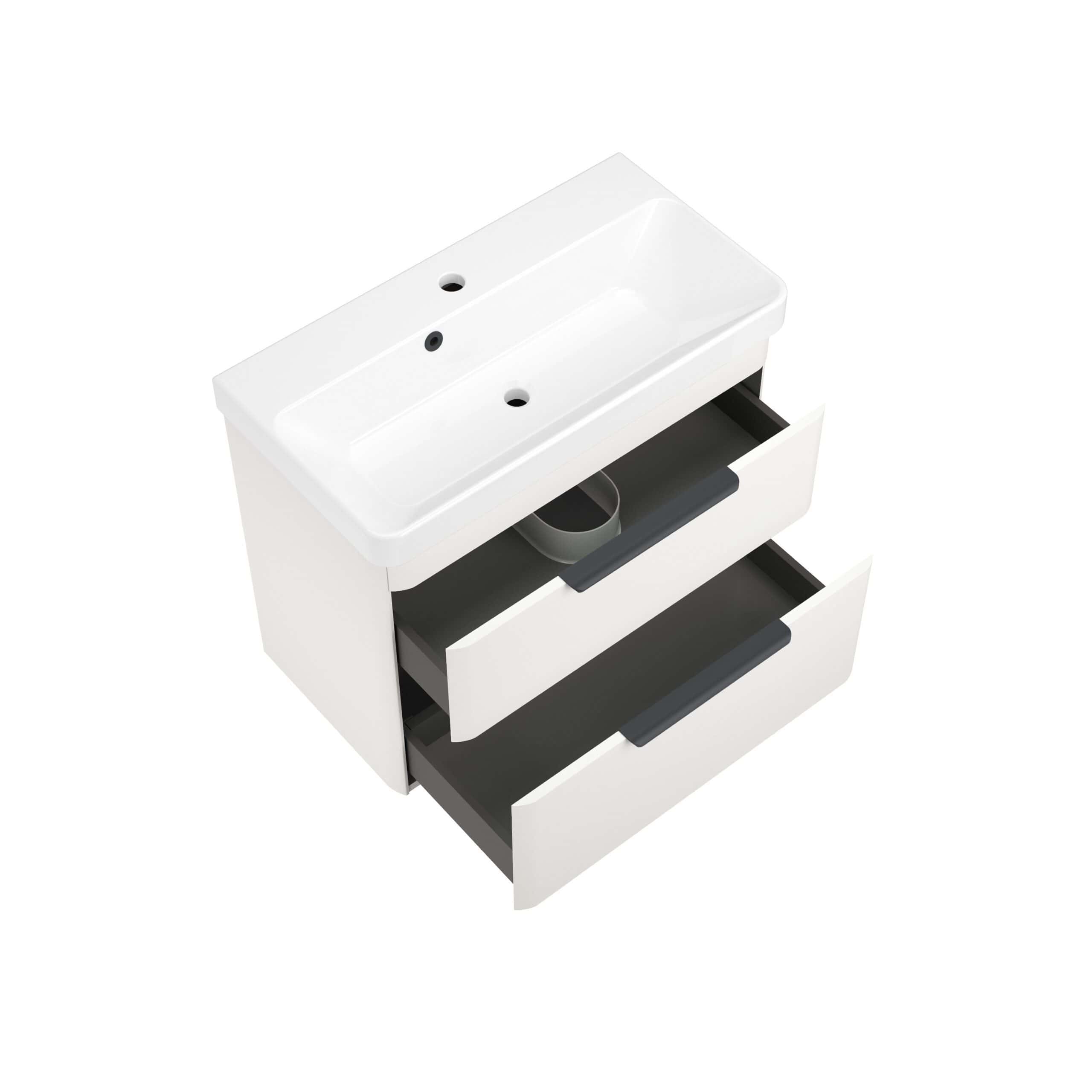 Contemporary white bathroom vanity with integrated sink and open storage drawers, ideal for modern bathroom decor and efficient space utilisation.