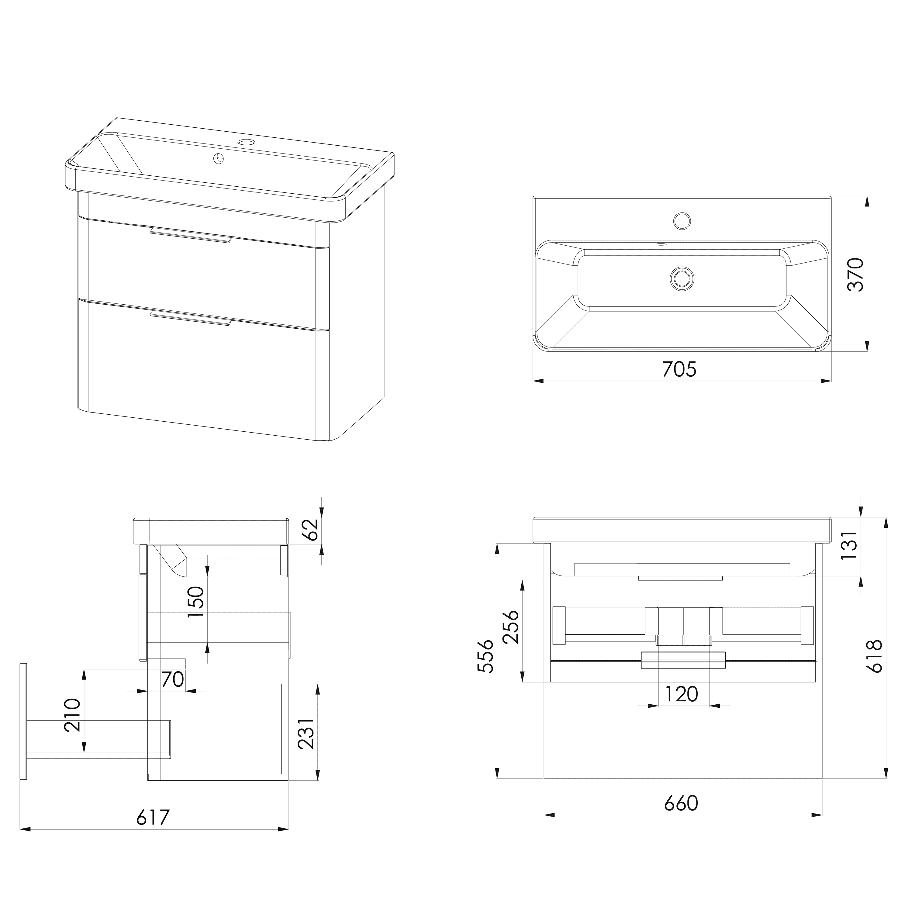 Sleek modern bathroom vanity unit with integrated basin, ideal for contemporary bathroom designs, featuring ample storage drawers and precise dimensions for custom fitting.