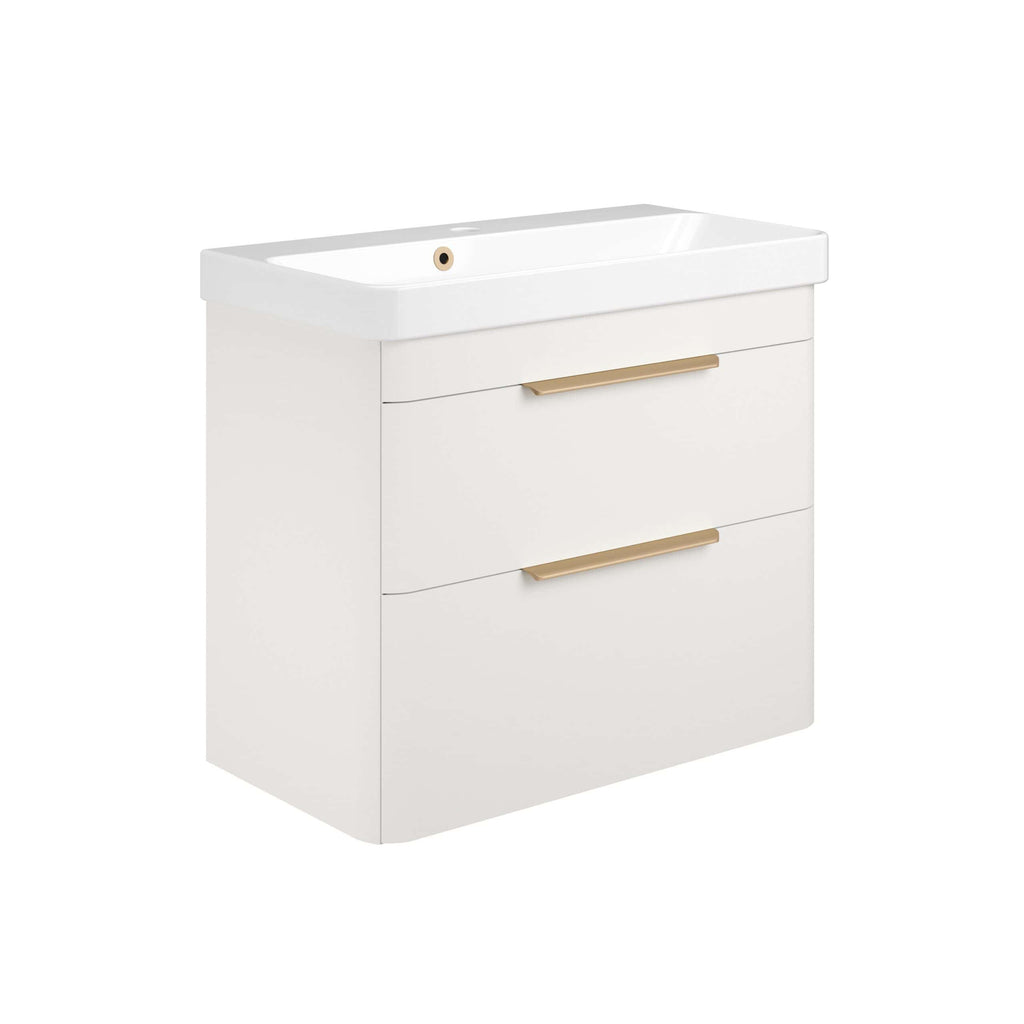 Sleek white bathroom vanity with integrated sink, featuring two drawers with stylish gold handles, perfect for modern bathrooms. Durable, functional, and designed for optimal space utilisation.