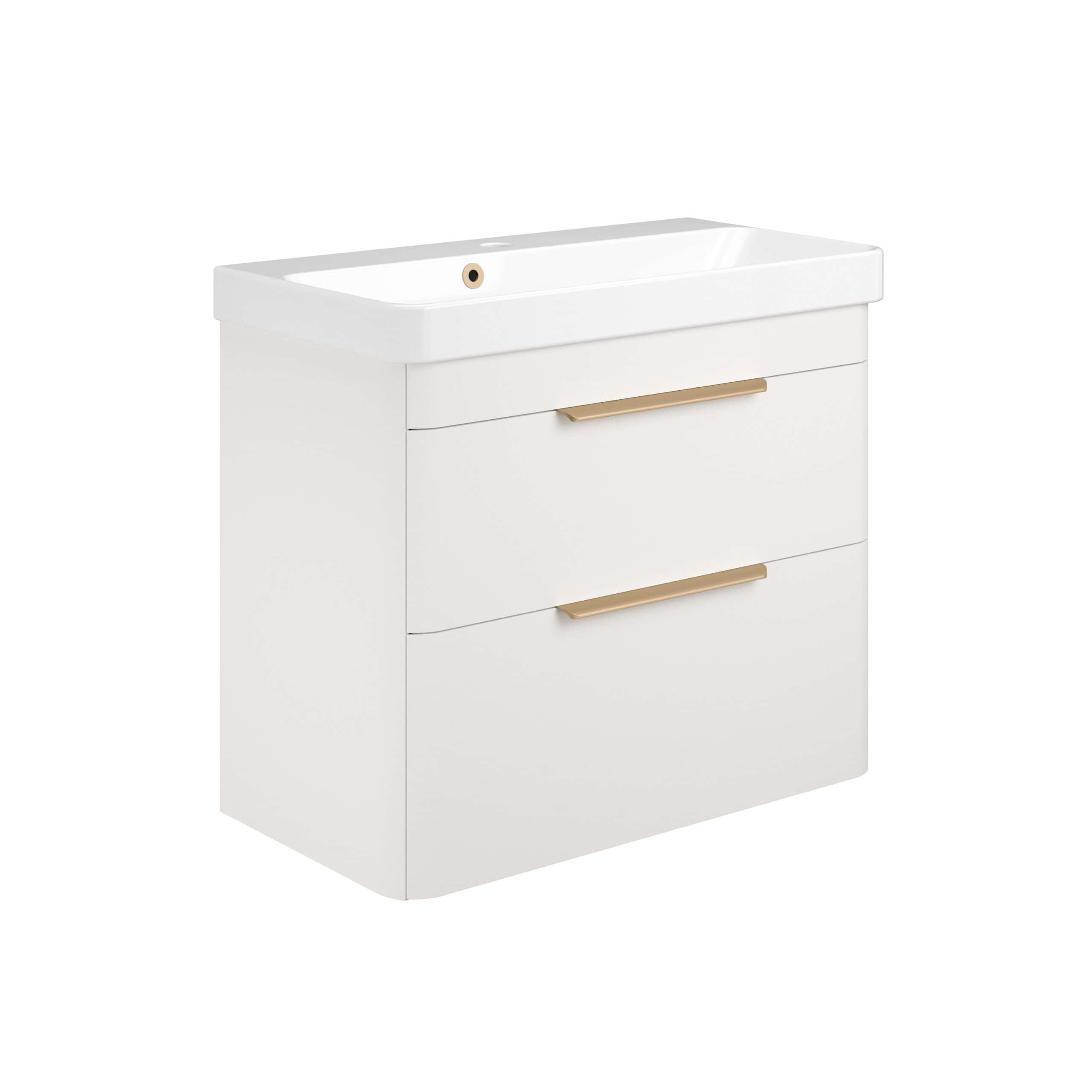 Sleek white bathroom vanity with integrated sink, featuring two drawers with stylish gold handles, perfect for modern bathrooms. Durable, functional, and designed for optimal space utilisation.