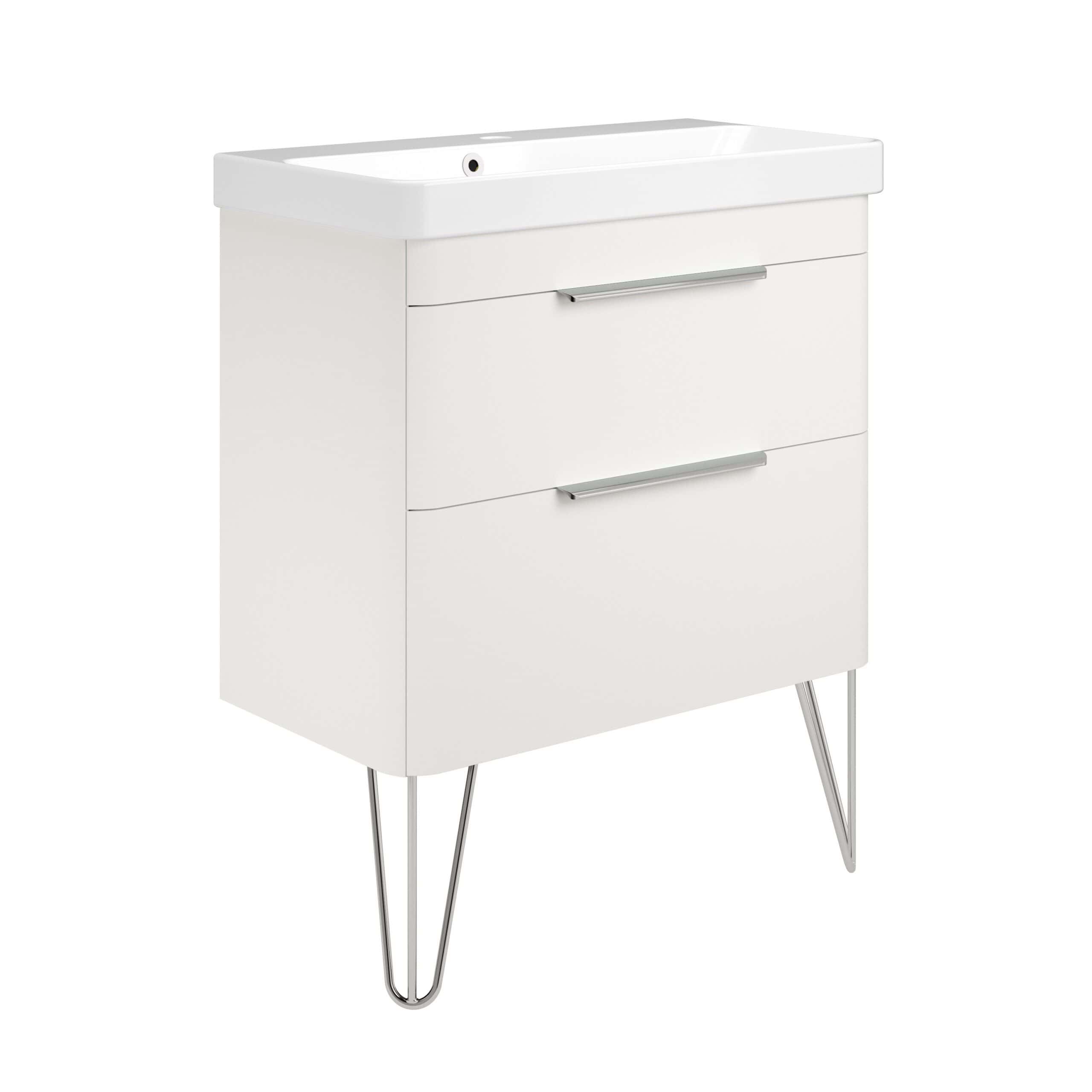 Sleek white bathroom vanity with integrated sink, modern handles, and chrome legs, perfect for contemporary bathroom design and space-saving storage solutions in UK bathrooms.