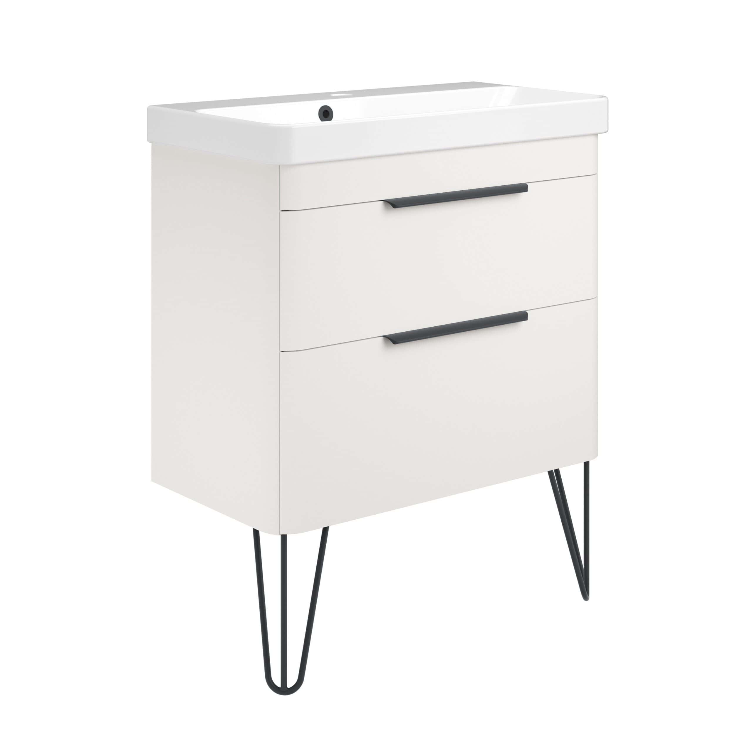 Sleek white bathroom vanity with black handles and hairpin legs, ideal for modern bathroom designs. Comes with a spacious sink and storage drawers for bathroom essentials. Perfect for contemporary bathrooms.