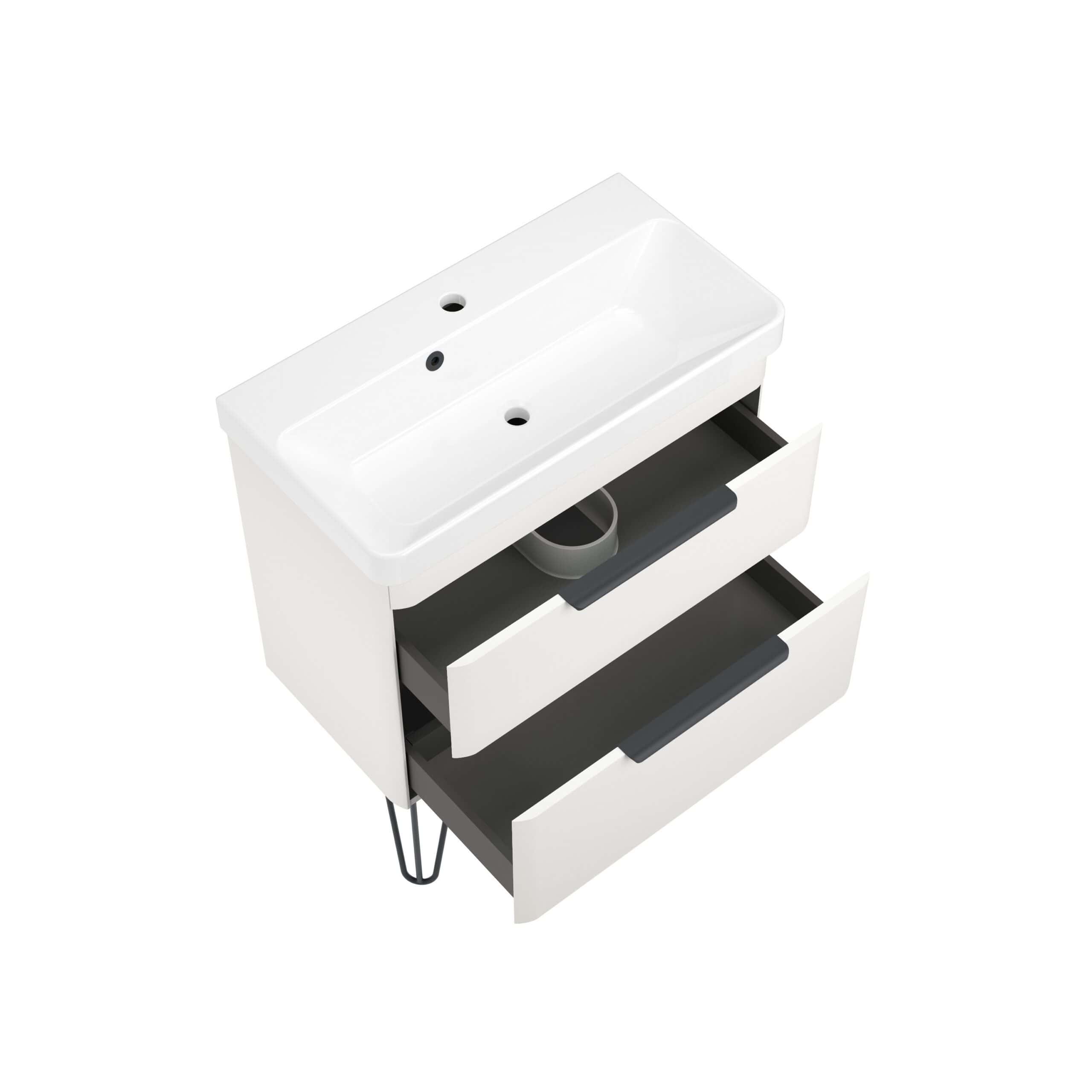Modern white bathroom vanity with integrated sink and black drawers, perfect for contemporary bathroom decor and efficient storage solutions.