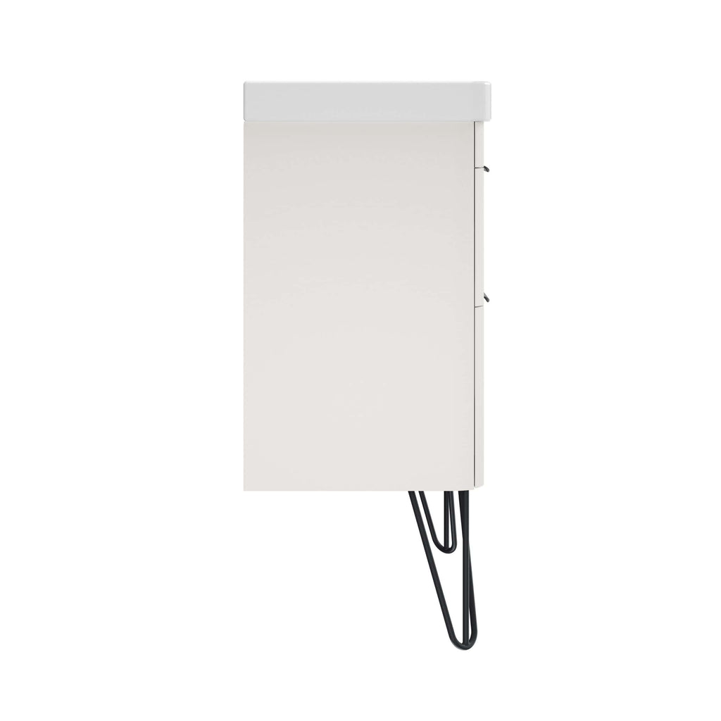 Minimalist white bathroom cabinet with black metal hairpin legs, designed for modern bathroom storage solutions. Elegant, sleek, and functional for contemporary bathroom interiors.