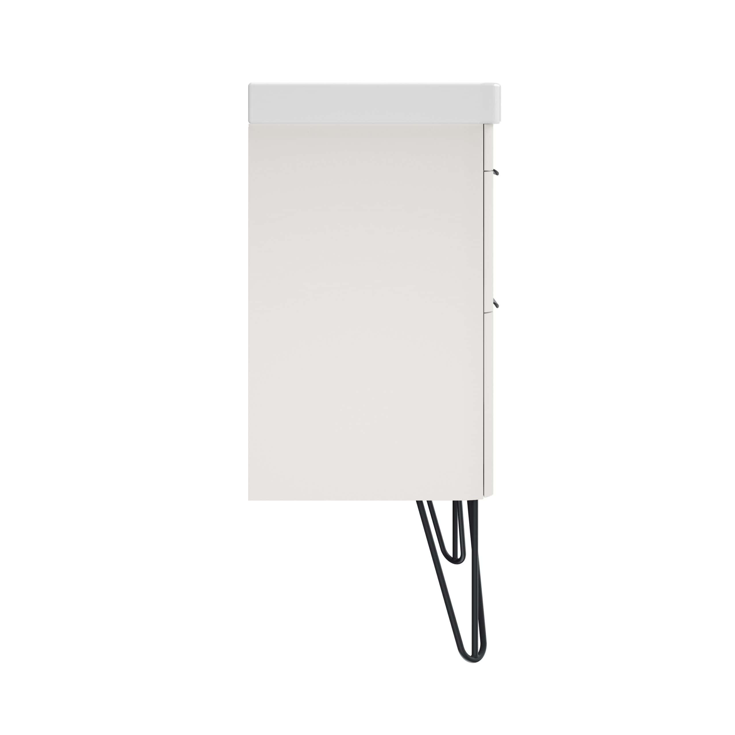 Minimalist white bathroom cabinet with black metal hairpin legs, designed for modern bathroom storage solutions. Elegant, sleek, and functional for contemporary bathroom interiors.