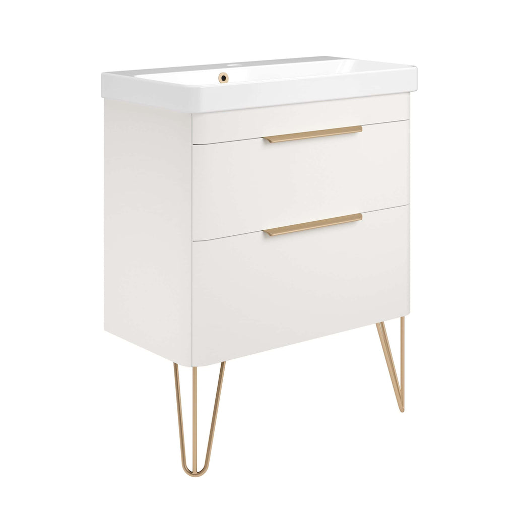 Sleek white bathroom vanity with gold accents and tapered legs, perfect for modern bathroom decor. Stylish storage solution combining functionality with contemporary design.