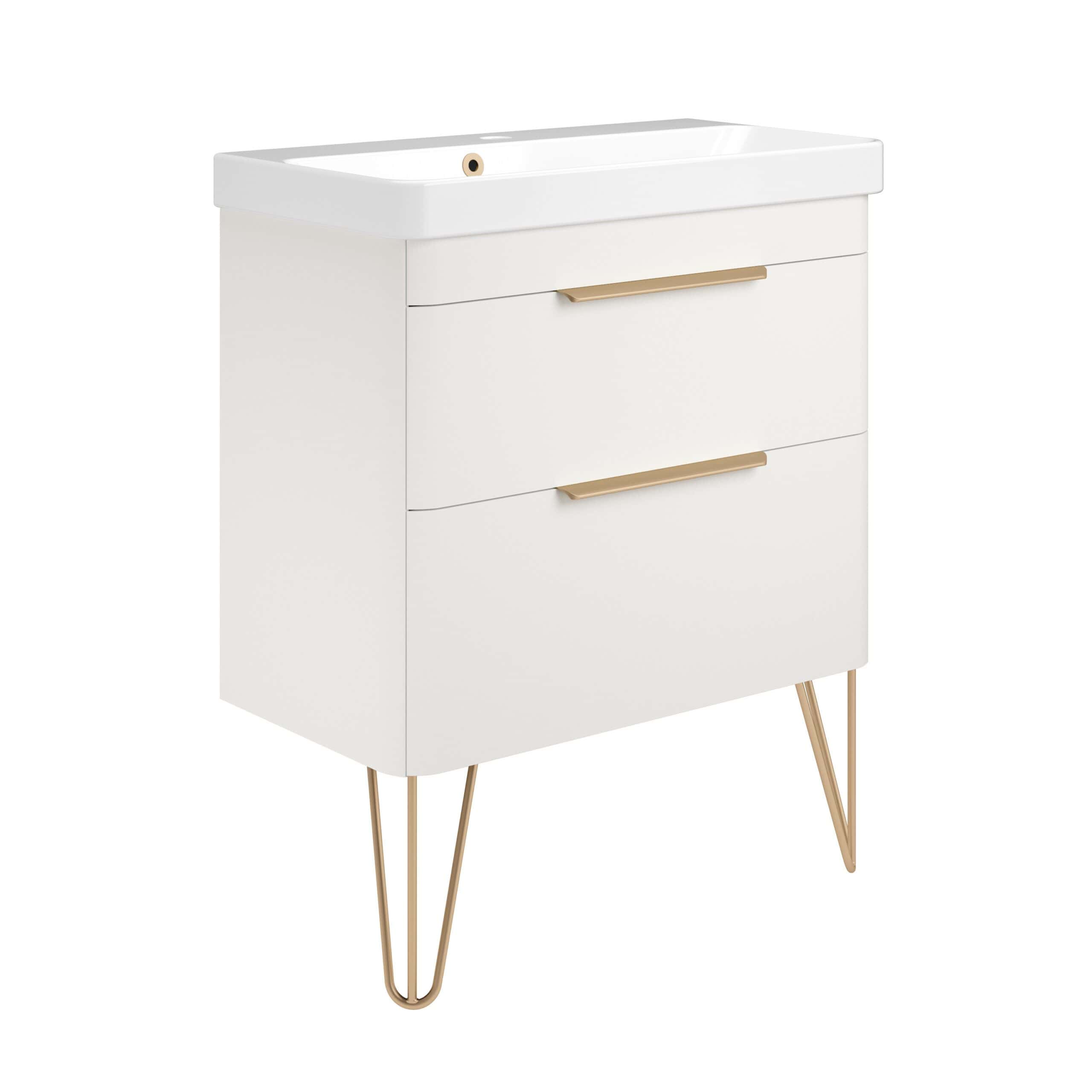 Sleek white bathroom vanity with gold accents and tapered legs, perfect for modern bathroom decor. Stylish storage solution combining functionality with contemporary design.
