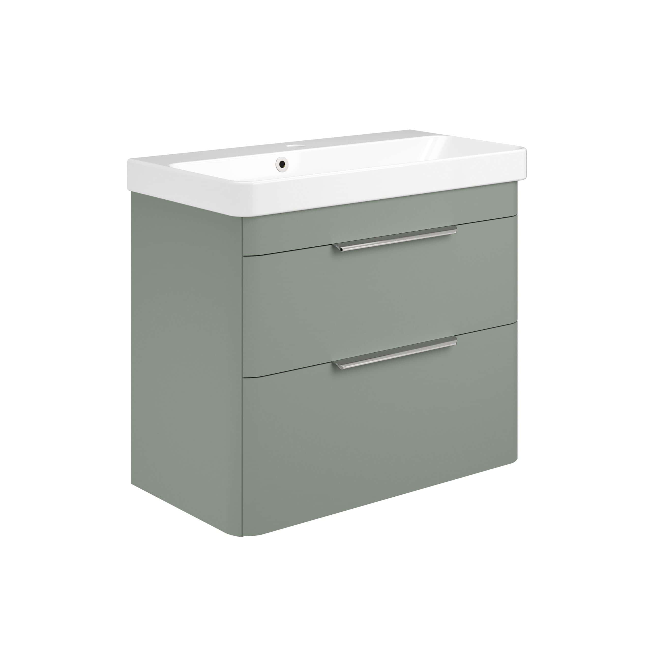 Sleek grey bathroom vanity unit with white ceramic sink, modern design, and integrated storage drawers, ideal for contemporary bathroom renovations and space-saving solutions.
