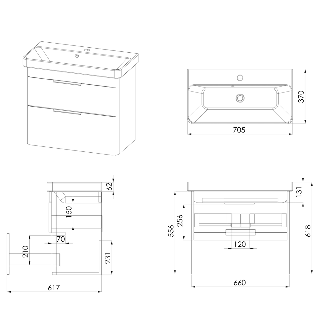 Modern bathroom vanity with integrated sink, sleek storage drawers, and detailed technical dimensions for custom bathroom fittings. Perfect for contemporary bathroom designs.