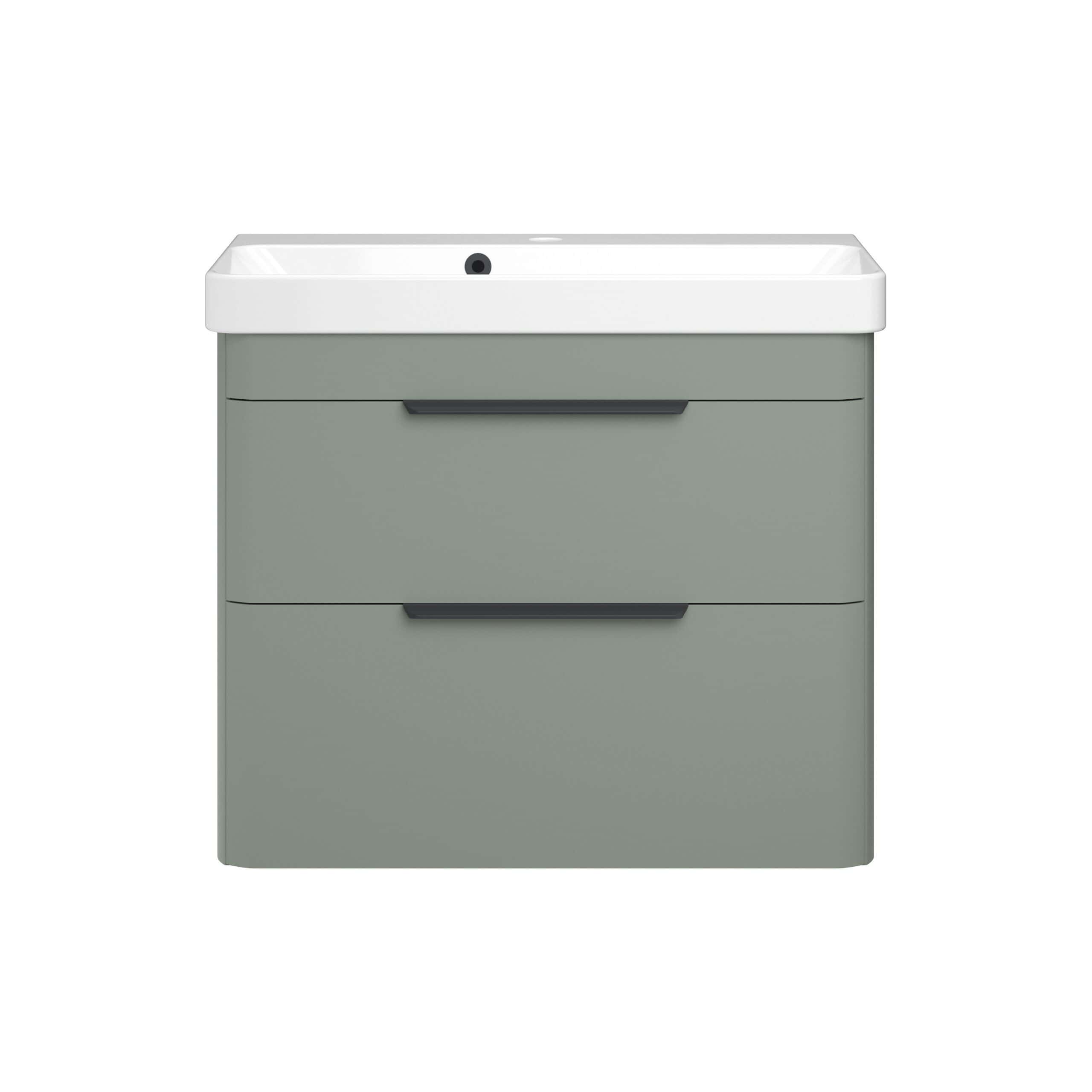 Modern grey bathroom vanity with integrated sink and storage drawers for contemporary bathroom design.