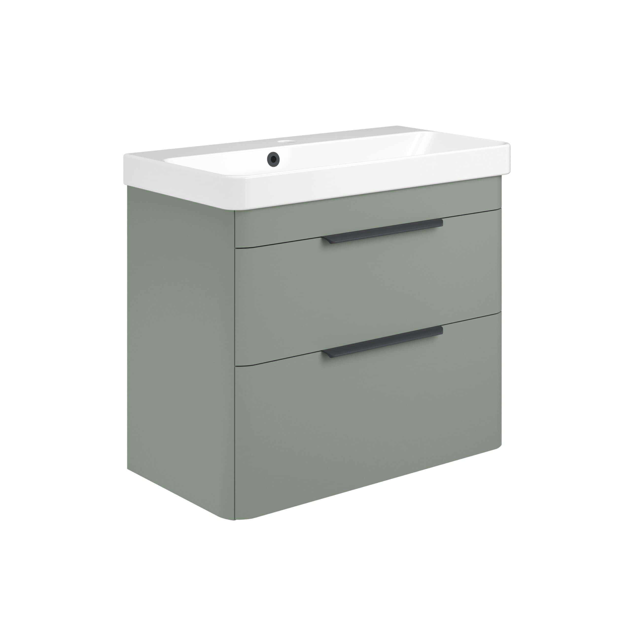 Contemporary grey bathroom vanity unit with integrated sink, featuring sleek black handles for modern bathroom storage solutions. Designed for functionality and style in modern bathrooms.