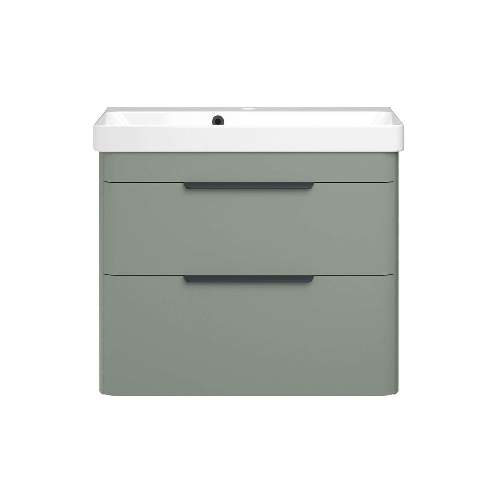 Modern grey bathroom vanity with sleek black handles and integrated sink, ideal for contemporary bathroom designs seeking functional and stylish storage solutions.