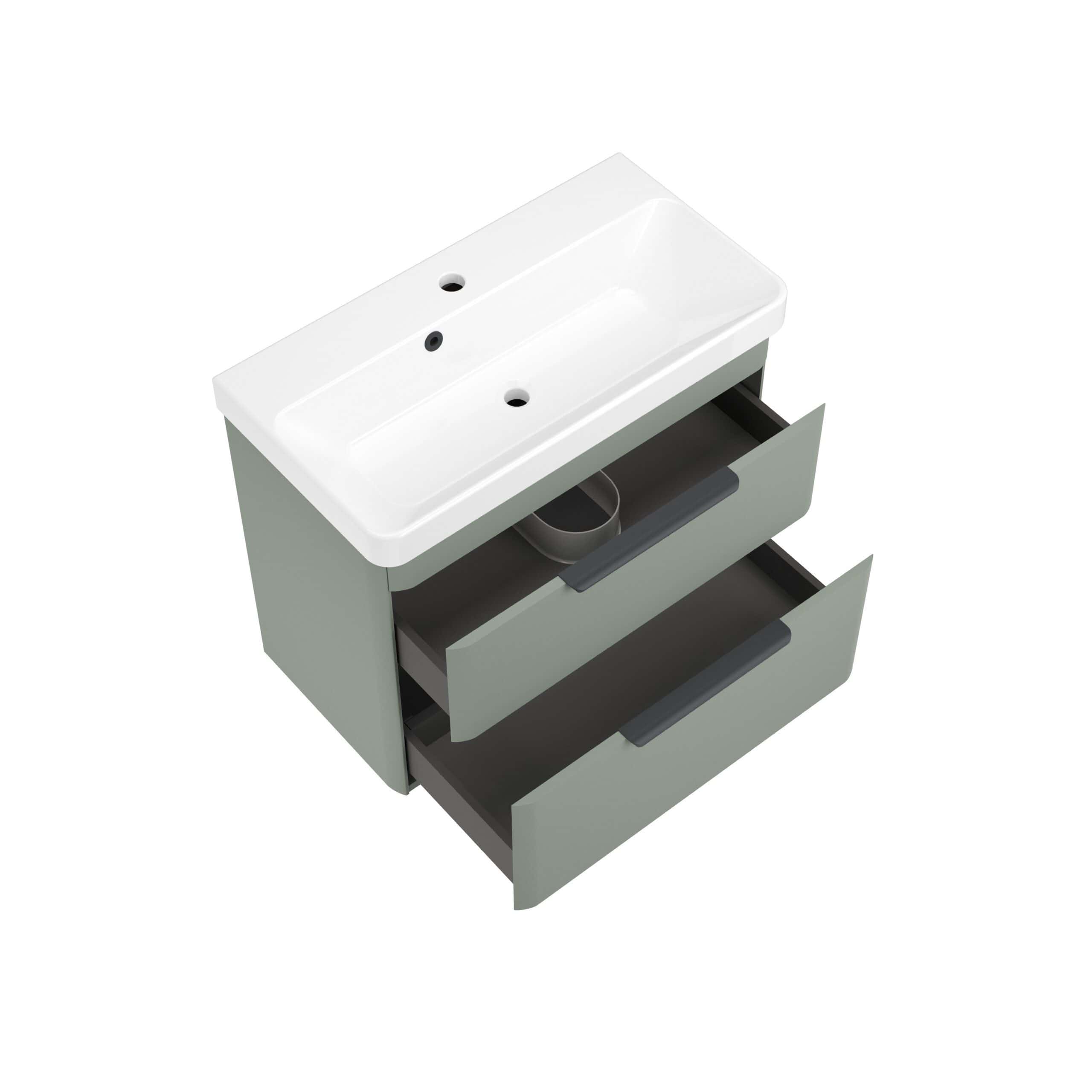 Modern bathroom vanity with integrated ceramic sink and grey drawers, ideal for contemporary bathroom upgrades. Stylish storage solution for bathroom essentials.