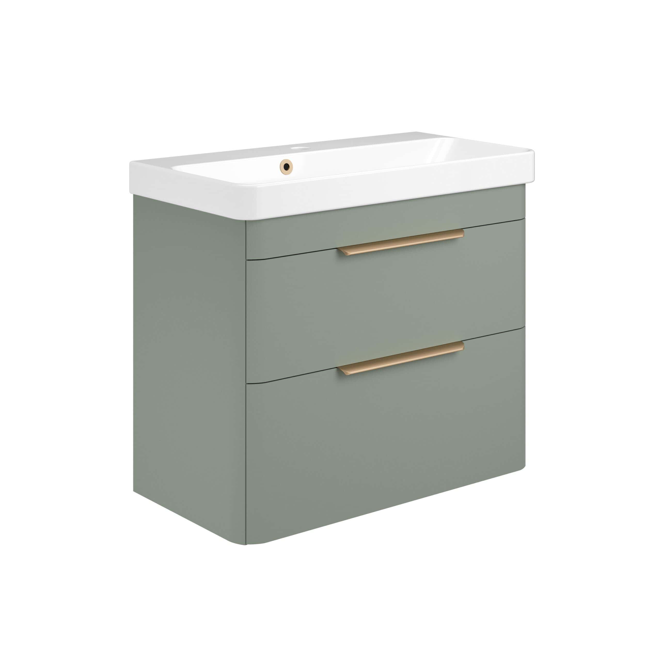 Modern grey bathroom vanity unit with integrated sink, featuring sleek brass handles and ample storage space, perfect for contemporary bathroom designs.