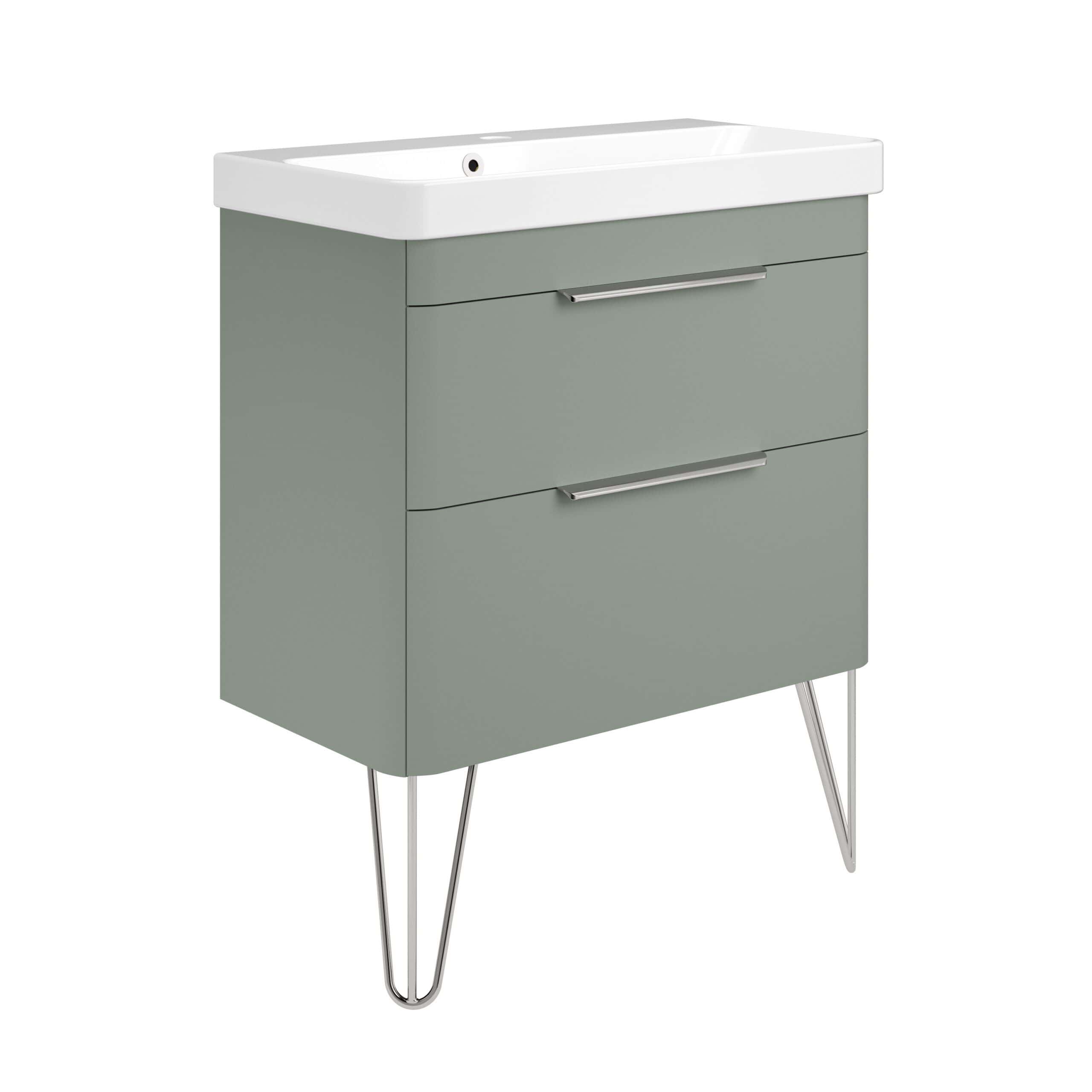 Sleek green bathroom vanity with integrated white sink, modern metal handles, and stylish hairpin legs, designed for contemporary bathroom renovation.