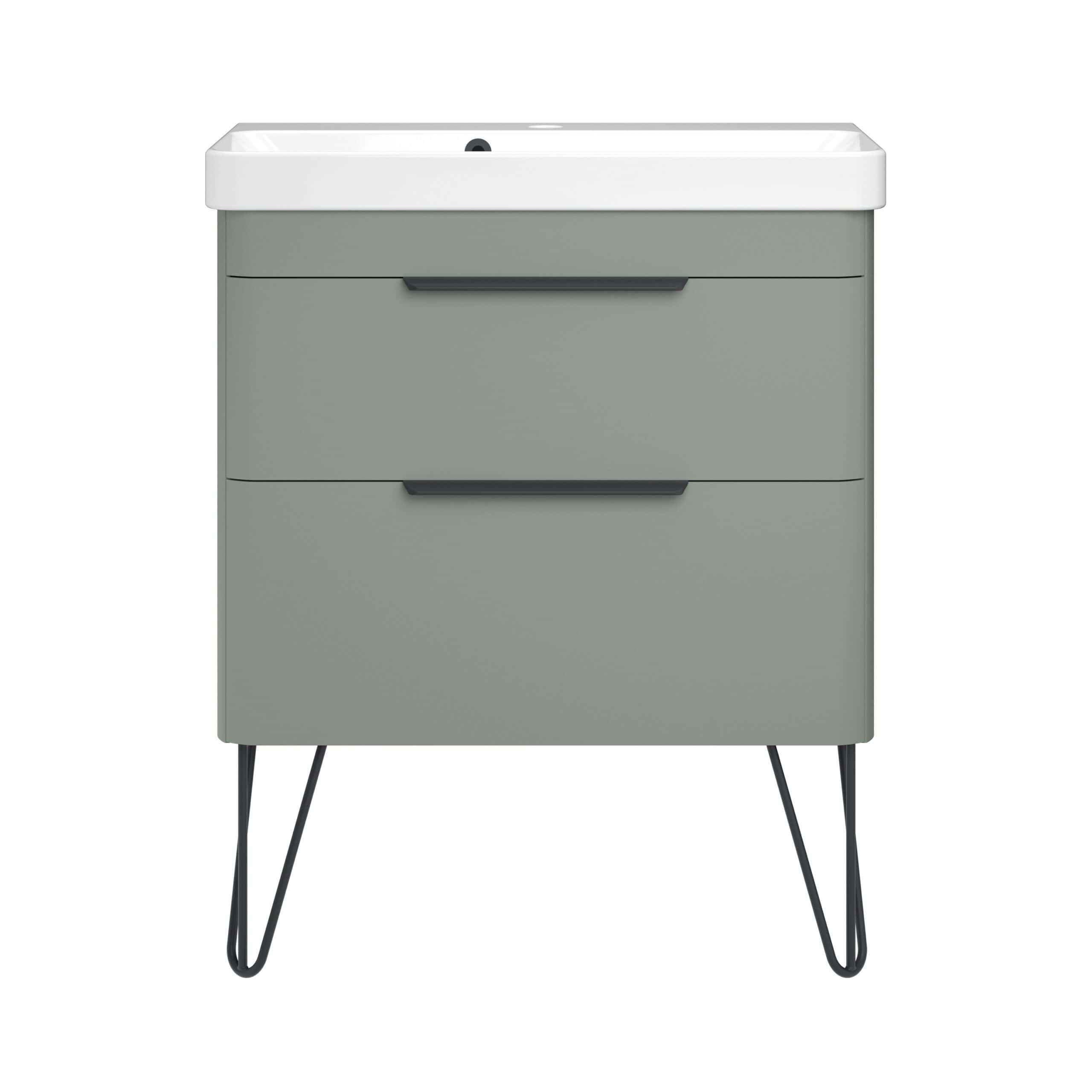 Sleek modern bathroom vanity unit in muted green with black metal hairpin legs and spacious drawers, ideal for stylish bathroom organisation and storage.